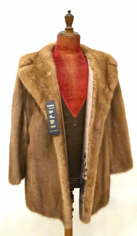 VINTAGE KREEGER'S MINK COAT, NEW ORLEANS: Vintage ladies caramel color mink coat, retaining tag for Kreeger's of New Orleans, silk liner with floral embroidery, personalized stitching, retaining 'Koslow's' treatment tag, 19"w shoulder to shou