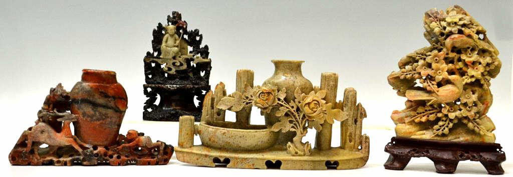 LARGE CHINESE CARVED SOAPSTONE FIGURAL PIECES: (lot of 4) Large Chinese carved soapstone cabinet pieces, varied colors and design, some being floral, some figural, largest: 9"h, 2.5lbs total Start Price: $150.00