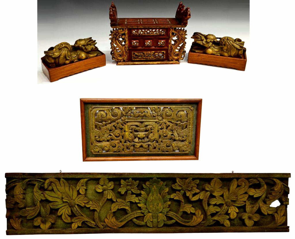 ASIAN CARVED WOOD ARCHITECTURAL ELEMENTS FOO LIONS: (lot) Antique Asian carved wood architectural and other elements including: (pair) gilded foo lions, each now fitted on a wood base, overall: 4.5"h, 8.25"l; (1) red lacquer and gilded base, the center