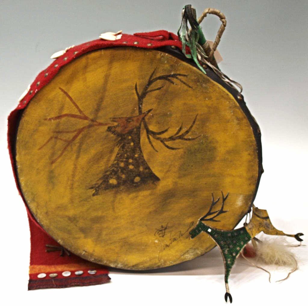 AMERICAN INDIAN RED ELK DRUM, SIOUX, SIGNED, 1990: Native American made Red Elk Drum, 1990, signed and dated Nathan Jim Little Wounded (Minneconju Band, Cheyenne River Sioux, South Dakota), stretched leather with painted elk on both sides, joined by h