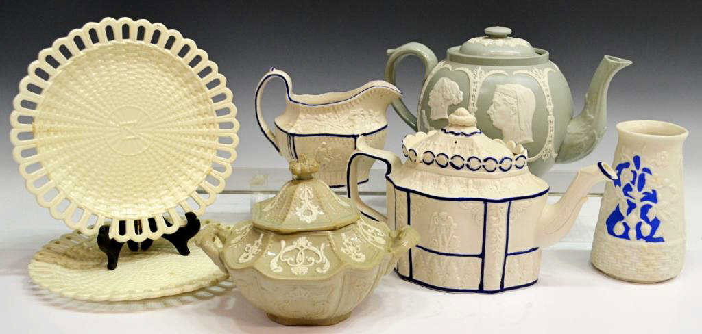 JAMES DODSON JASPER PORTRAIT TEAPOT & CERAMIC LOT: (lot of 7) Collection of Continental ceramics including: (1) James Dudson green jasper teapot reserved with profile portraits in vignette, marked interior lid, 6.25"h; (1) parian vase, relief decorate