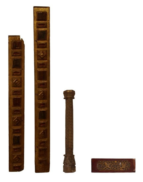 SPAIN 17TH C. GILTWOOD PANELS, ASIAN GILT PANEL: (lot of 4) Group of three 17th c. and 18th c. Spain wood architectural elements: (1) scoop carved half column, mostly gilt covered with worn areas, 26.25"l; (2) 17th c. rectangular column faces with r
