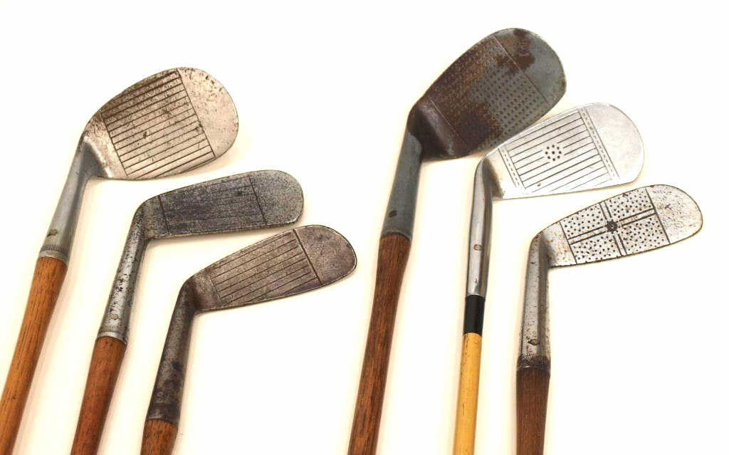 554 (6) ANTIQUE GOLF CLUBS, FIVE WOOD SHAFT