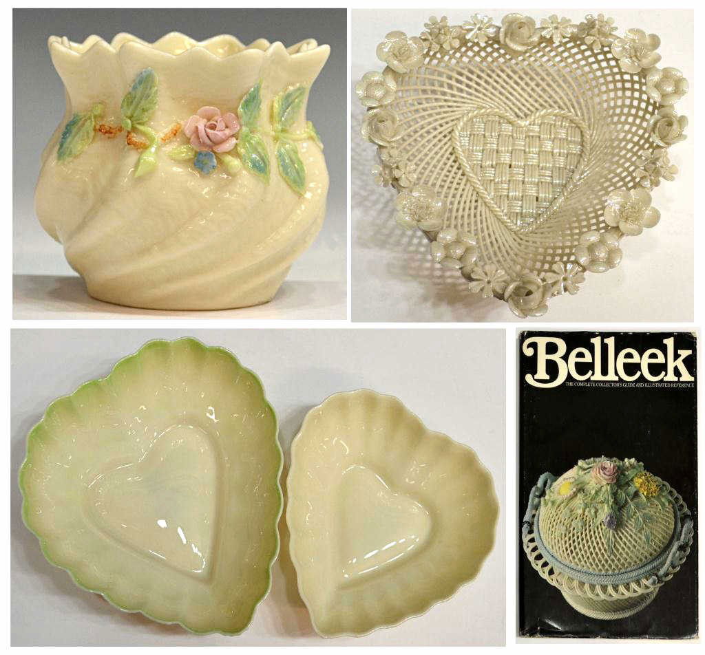 (5) BELLEEK IRISH PORCELAIN CABINET PIECES & BOOK: (lot of 5) Belleek Irish porcelain cabinet pieces and book, varied marks, comprising: (1) squat vase with applied flowers; (2) heart form dishes, one with tinted green edge; (1) heart shaped basket wi
