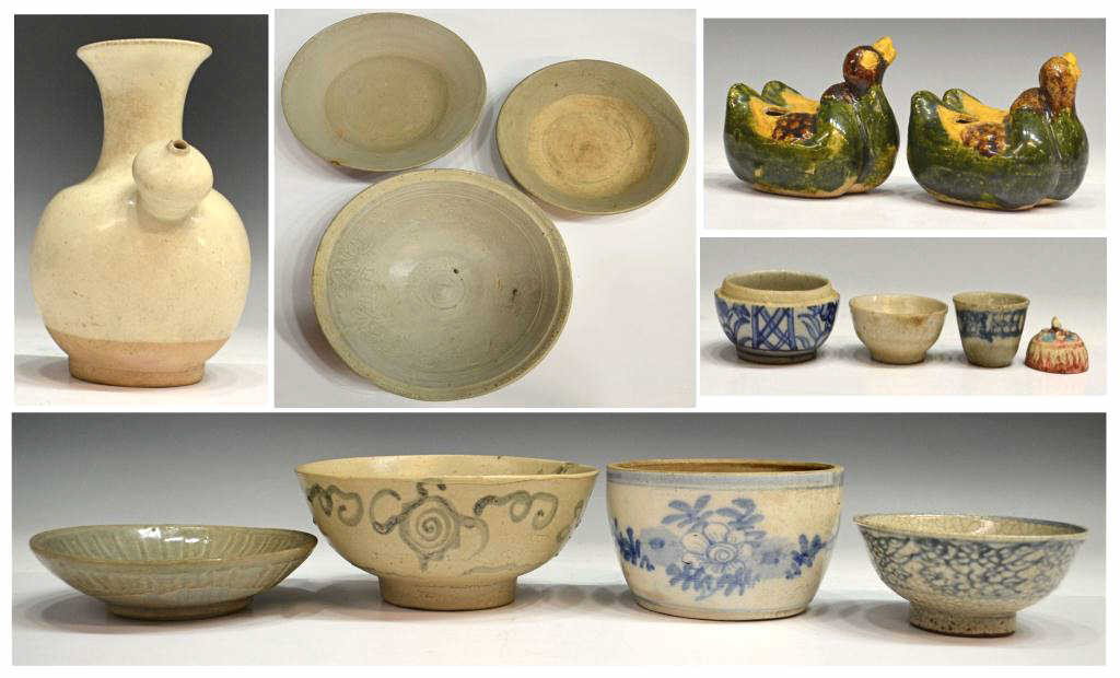 (14) ANTIQUE CHINESE & SE ASIAN CERAMIC BOWLS: (lot of 14) Collection of Chinese and South East Asian ceramics with a white kendi, small ceramic pieces, a selection of bowls, several in blue and white including one with dragon design, minor losses