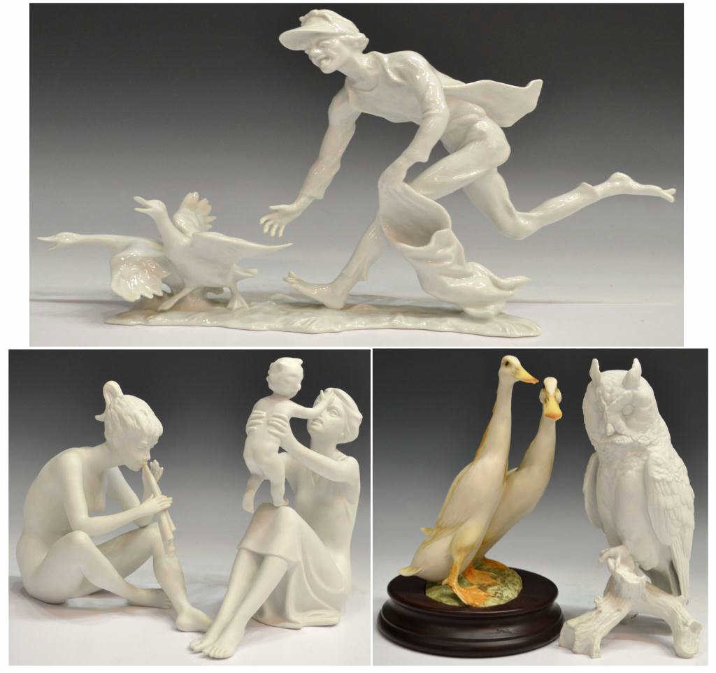 COLLECTION KAISER BISQUE PORCELAIN FIGURES: (lot) (4) Kaiser porcelain figures, mostly bisque, including: (1) Mother and Child #398, sweet seated mother holding a cheerful baby; (1) figure of a sitting female nude playing flute #385, slight dis