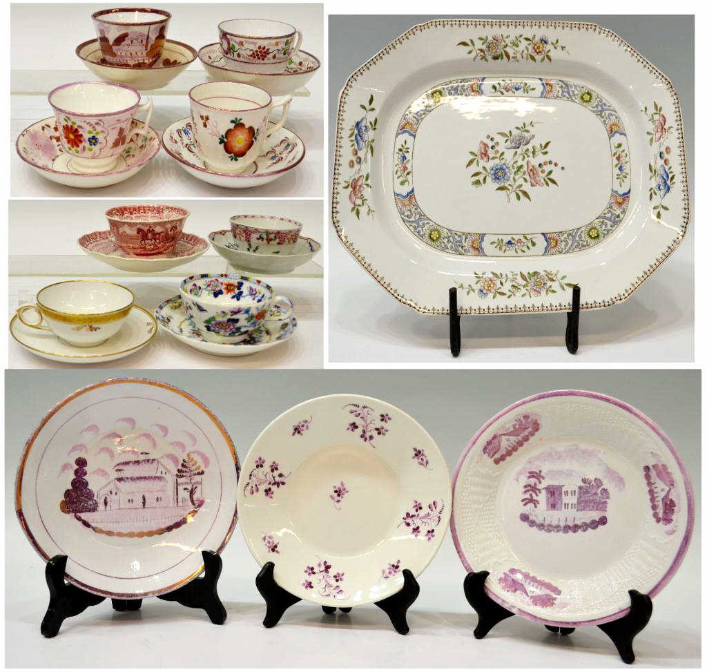 HUGE LOT OF ANTIQUE LUSTREWARE & COPELAND PLATTER: (lot of 20) Collection of assorted porcelain tableware including: (11pcs) lusterware cups, saucers and dishes, various designs and decoration, some by Sunderland; (8 pcs) porcelain teacups and saucers