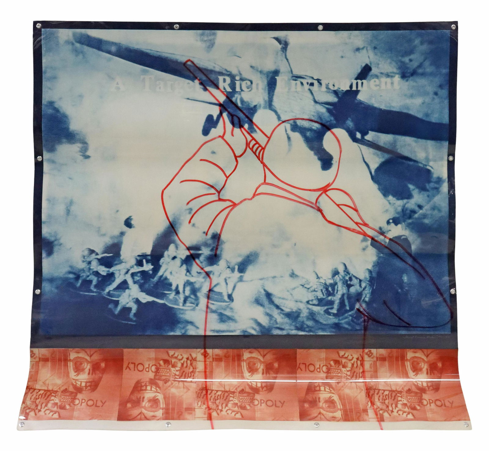 JANET LENNIE FLOHR (B.1939) MIXED MEDIA ON CANVAS: Large unframed mixed media on canvas, A Target Rich Environment, signed lower-mid right Janet Lennie Flohr (American, b.1939), dated 1991-1995, hand embellished acetate overlay, over collage and print