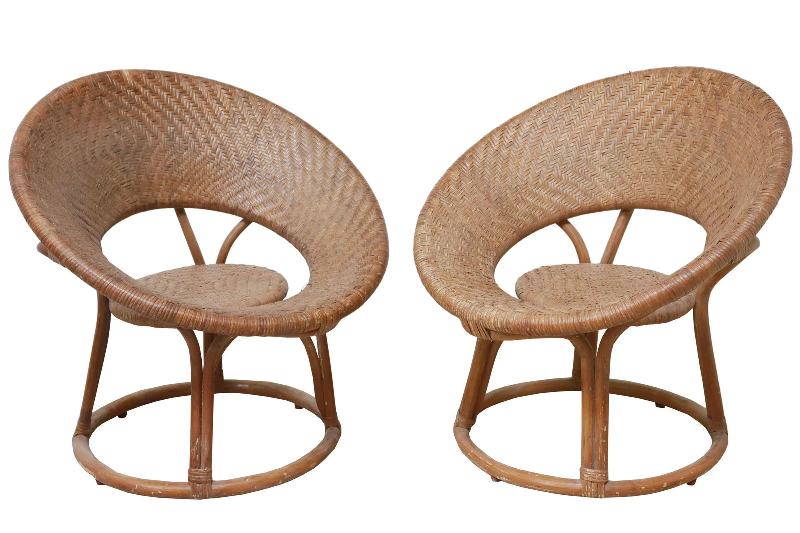 (2) VINTAGE WOVEN RATTAN & BAMBOO ROUND CHAIRS (1 of 4)
