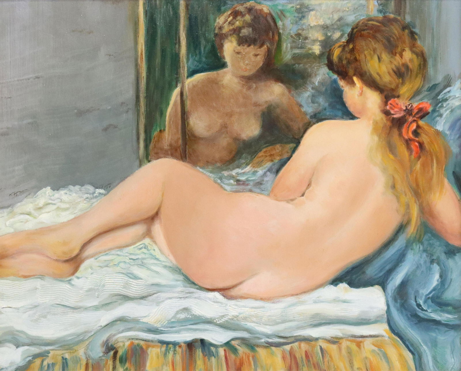 AFTER MARCEL DYF (1899-1985) PAINTING RECLINING FEMALE NUDE: Framed oil on board painting, Reclining Female Nude, after Marcel Dyf (French, 1899-1985), inscribed verso reproduction J. Pelletier, sight: approx 19.75"h, 24.75"w, overall: 23.75"h, 28.75"w, 7lbs St