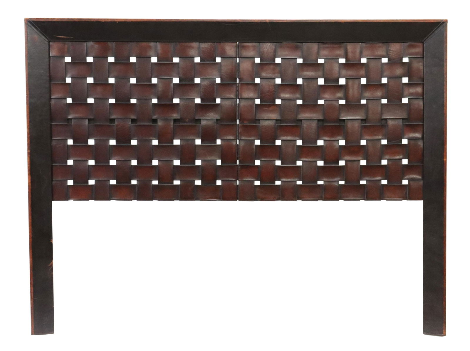 LARGE WOOD & BLACK LEATHER WEAVE HEADBOARD (1 of 2)