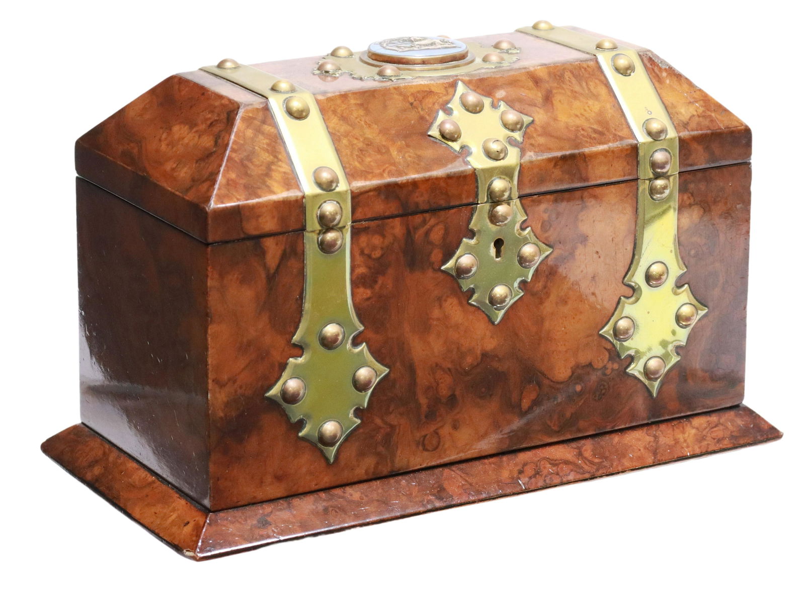 ENGLISH VICTORIAN BRASS-MOUNTED WALNUT TEA CADDY (1 of 6)
