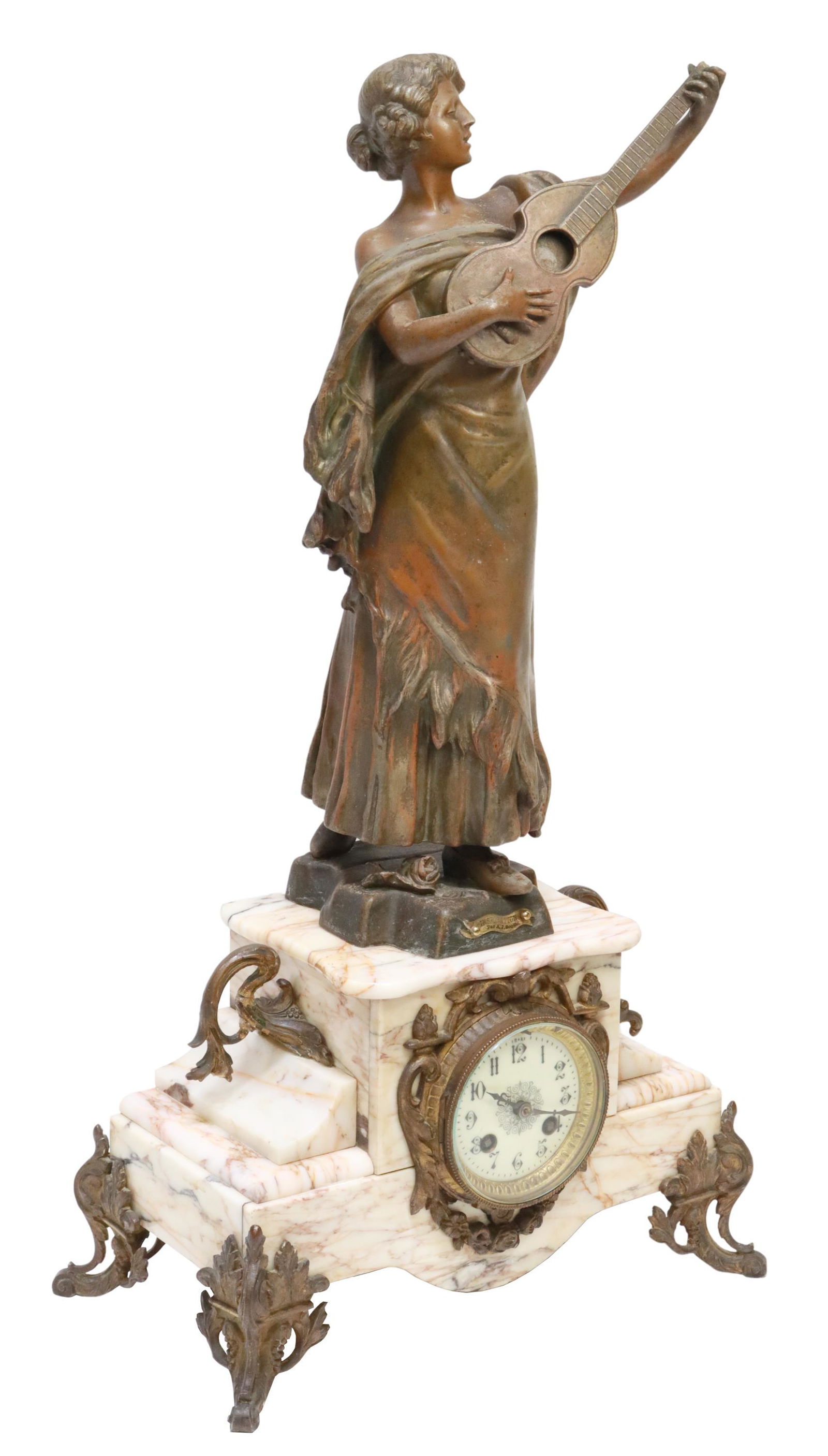 FRENCH FIGURAL MANTEL SHELF CLOCK: French figural mantel shelf clock, late 19th c., "Inspiration," after A.J. Scotte (French, 1867-1925), Fabrication Francaise foundry stamp, enamel fancy dial, time-and-strike movement, stone case, ris