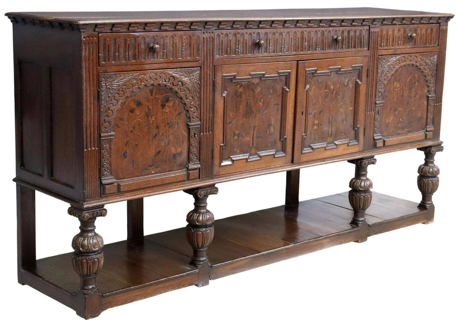 ENGLISH JACOBEAN STYLE OAK MARQUETRY SIDEBOARD (1 of 6)