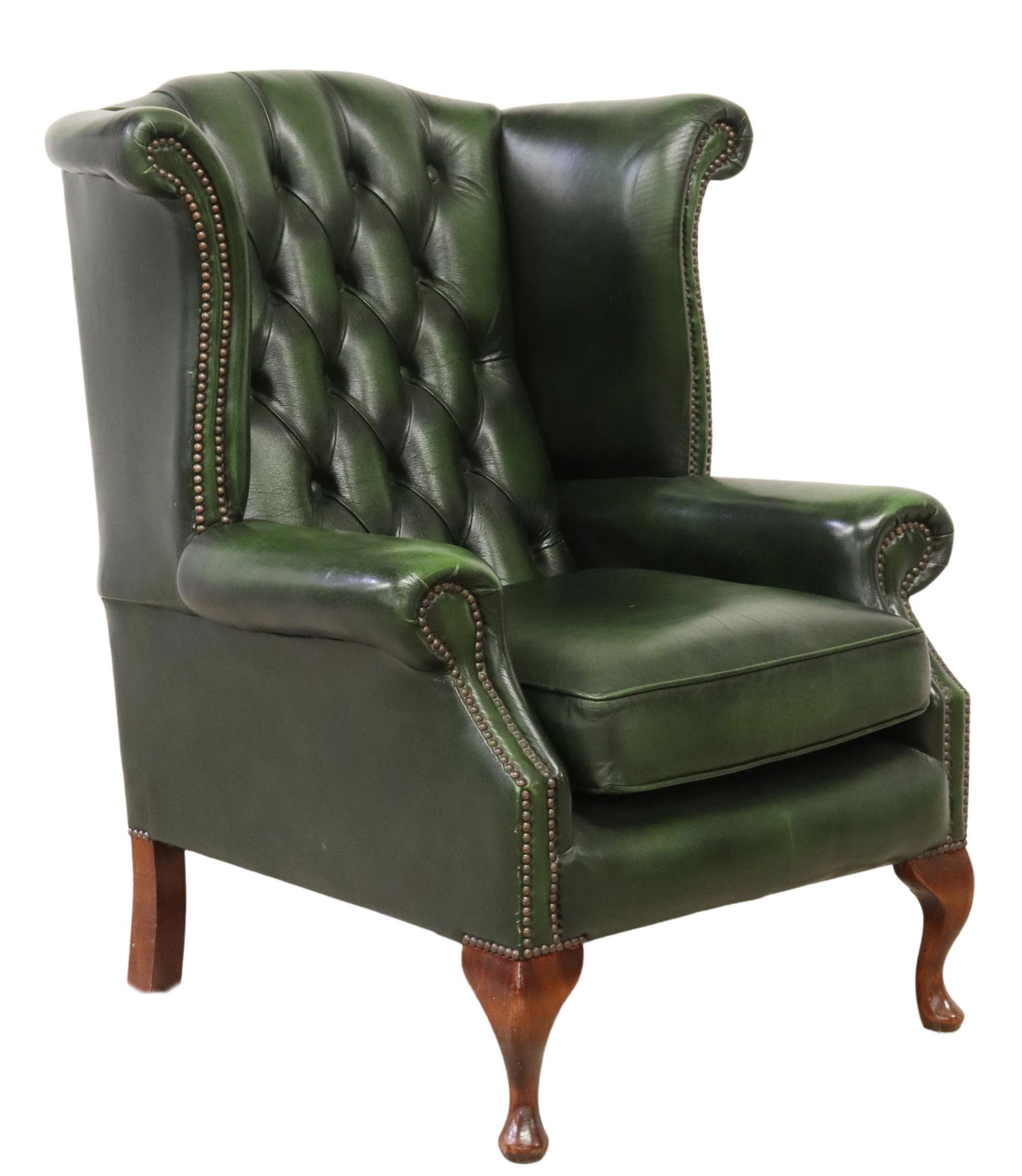 ENGLISH TUFTED GREEN LEATHER WINGBACK CHAIR (1 of 3)