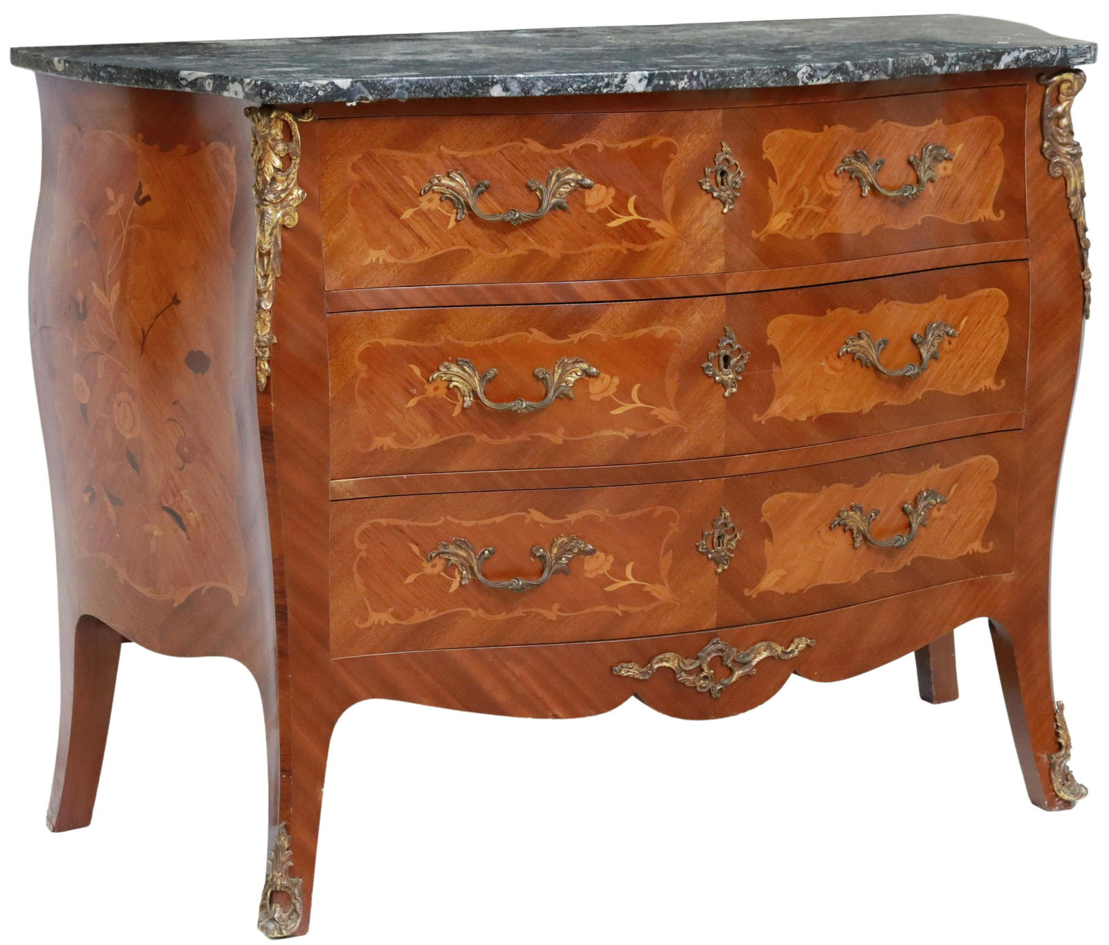 LOUIS XV STYLE MARBLE-TOP MAHOGANY BOMBE COMMODE (1 of 5)