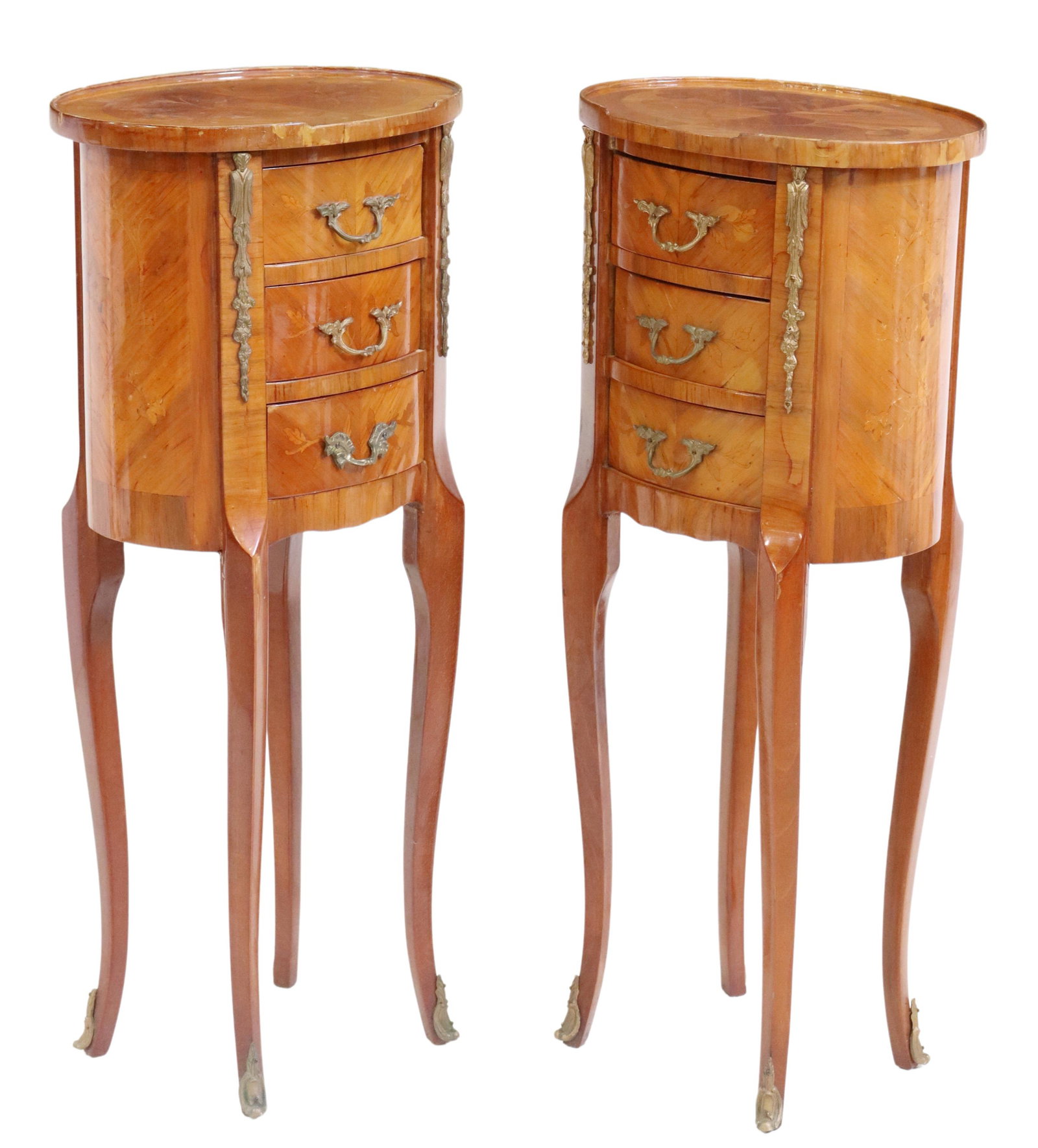 (2) FRENCH LOUIS XV STYLE MARQUETRY NIGHTSTANDS: (pair) French Louis XV style matched veneer nightstands, 20th c., having oval top, over case with floral marquetry, three drawers, rising on cabriole legs, ending on sabots, approx 29.5"h, 13"w, 10"d 
