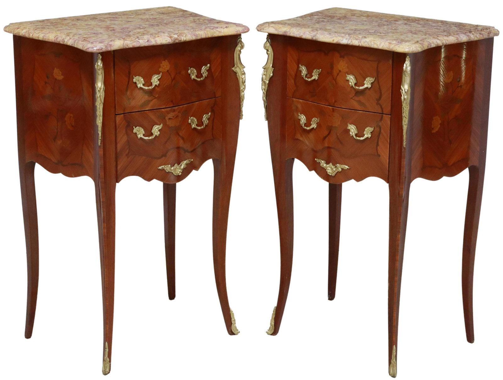 (2) FRENCH LOUIS XV STYLE MARBLE-TOP NIGHTSTANDS: (pair) French Louis XV style marble-top nightstands, 20th c., two drawers accented with floral marquetry, rising on cabriole legs, ending in front sabots, approx 28.75"h, 18"w, 12.5"d Start Price: $35