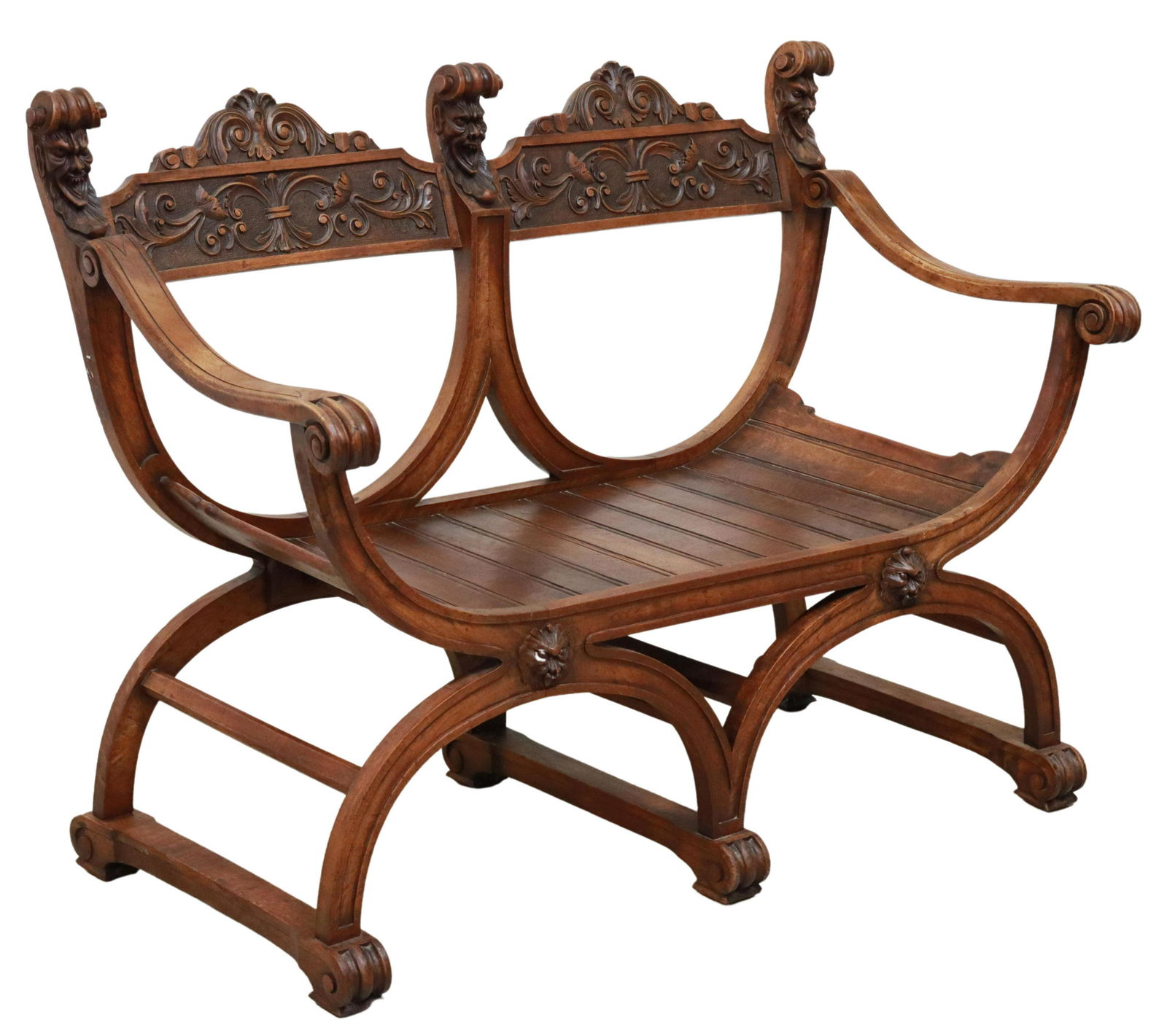 RENAISSANCE REVIVAL CARVED WALNUT CURULE SETTEE (1 of 3)