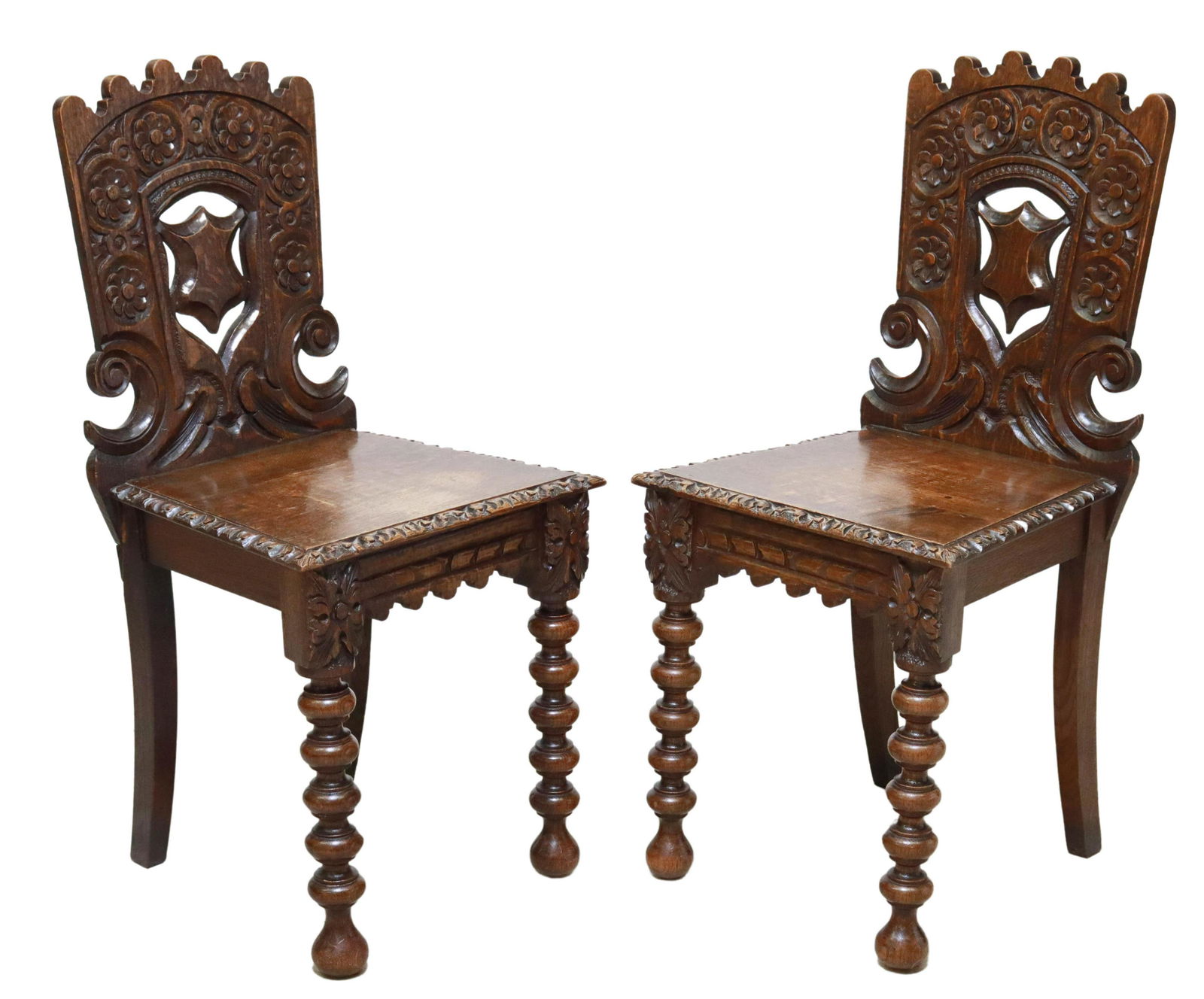 (2) ENGLISH VICTORIAN CARVED OAK HALL CHAIRS (1 of 5)