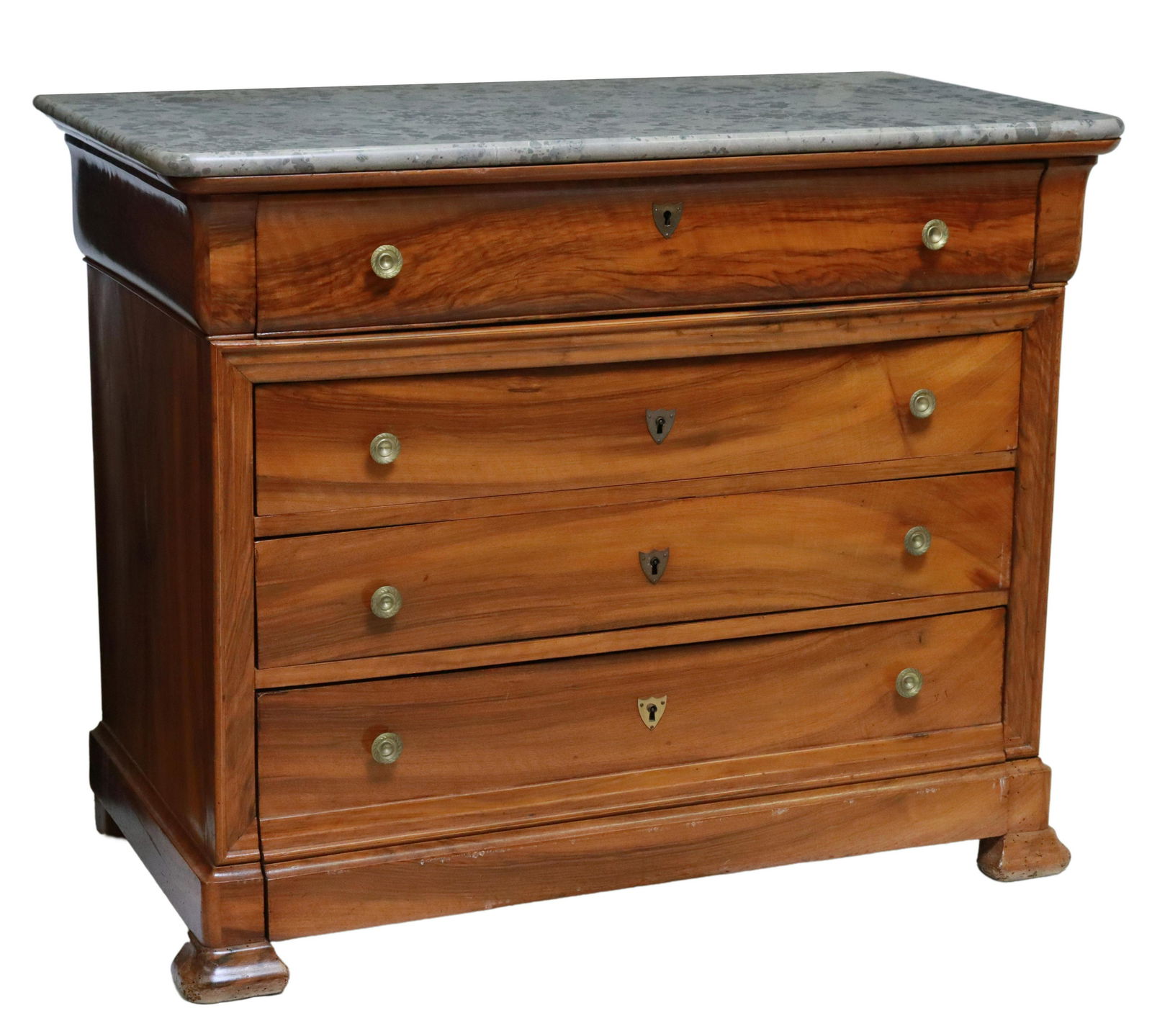 FRENCH LOUIS PHILIPPE PERIOD SECRETARY COMMODE: French Louis Philippe period mahogany secretary commode, mid 19th c., having marble top, frieze drawer, opening to interior gallery, with inset leather writing surface, over three drawers, rising on b