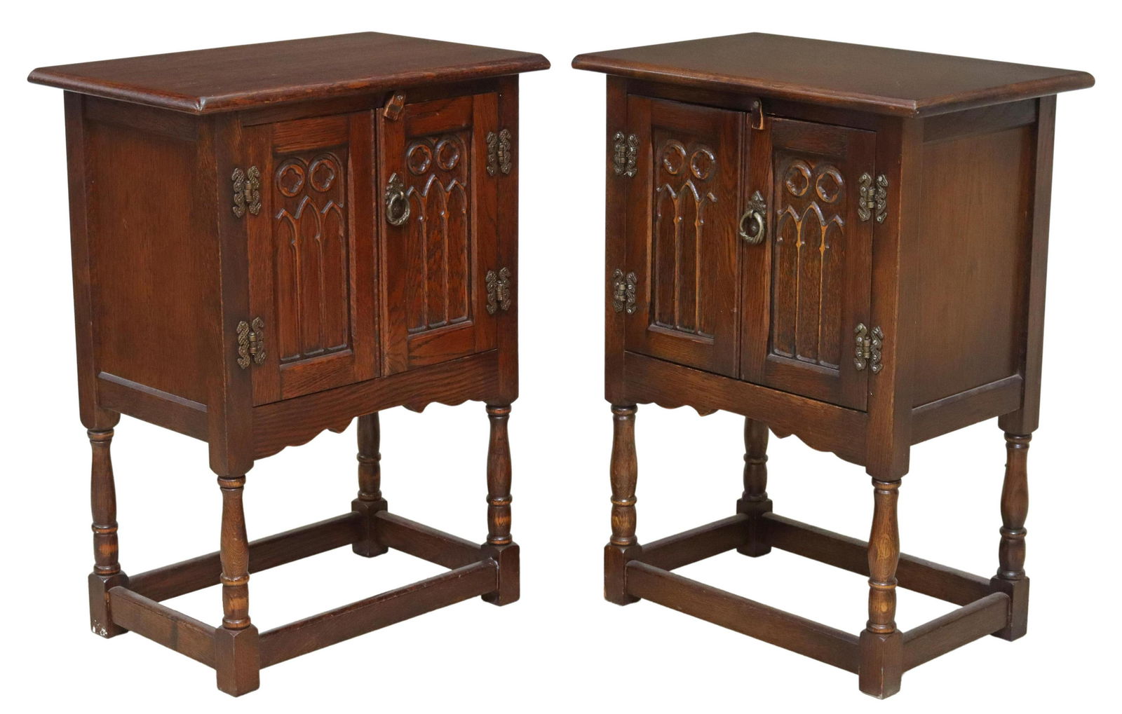 (2) ENGLISH GOTHIC REVIVAL OAK BEDSIDE CABINETS (1 of 5)
