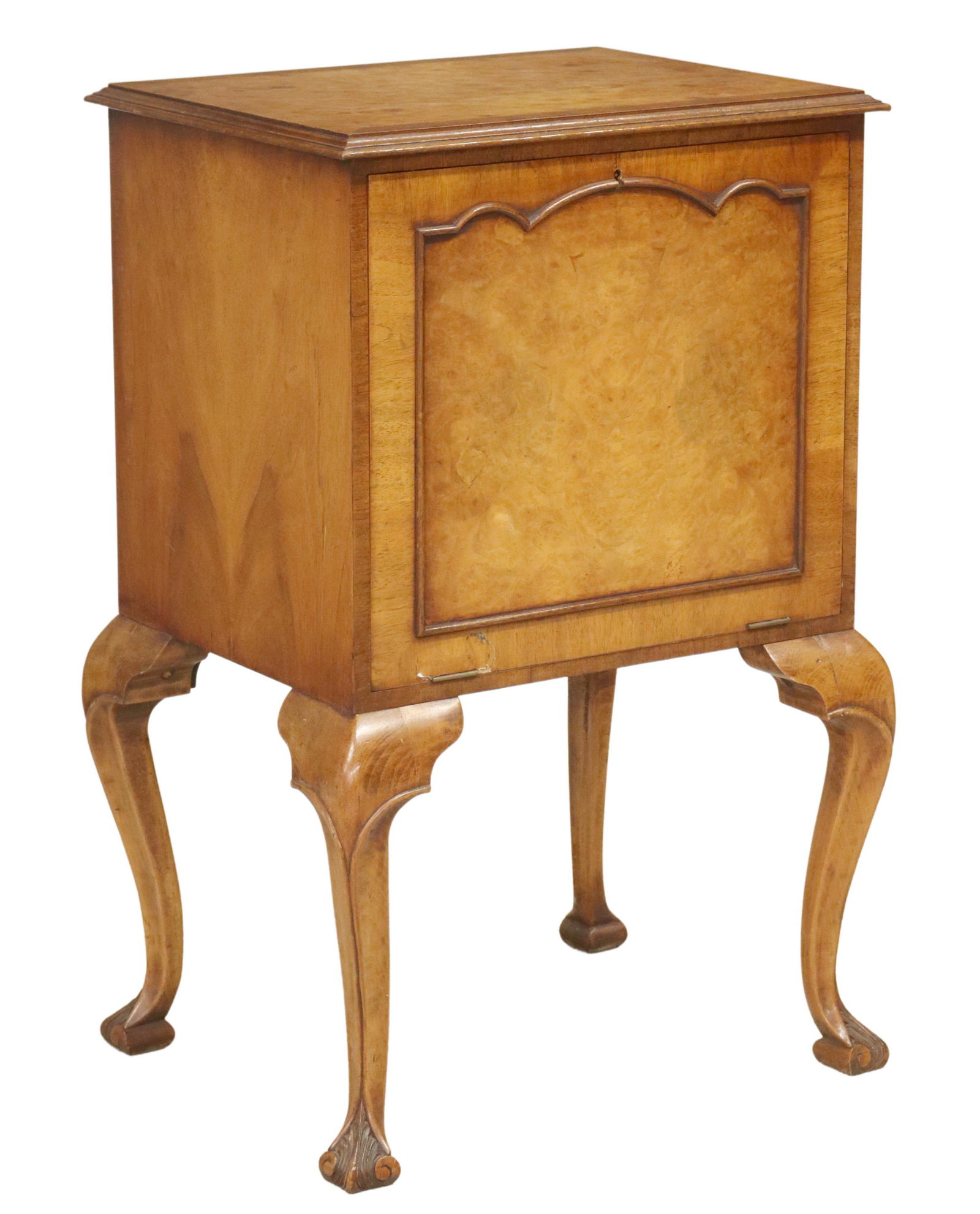 ENGLISH BURLED WALNUT FALL-FRONT NIGHTSTAND (1 of 5)