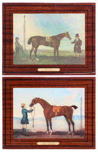 (2) VARNISHED ENGLISH EQUESTRIAN PRINTS ON PANEL: (lot of 2) Varnished prints on mahogany-finish panels, 20th c., including: (1) "Flying Childers," after James Seymour (English, 1702-1752), (1) "Mameluke," after Benjamin Marshall (English, 1768-1835)