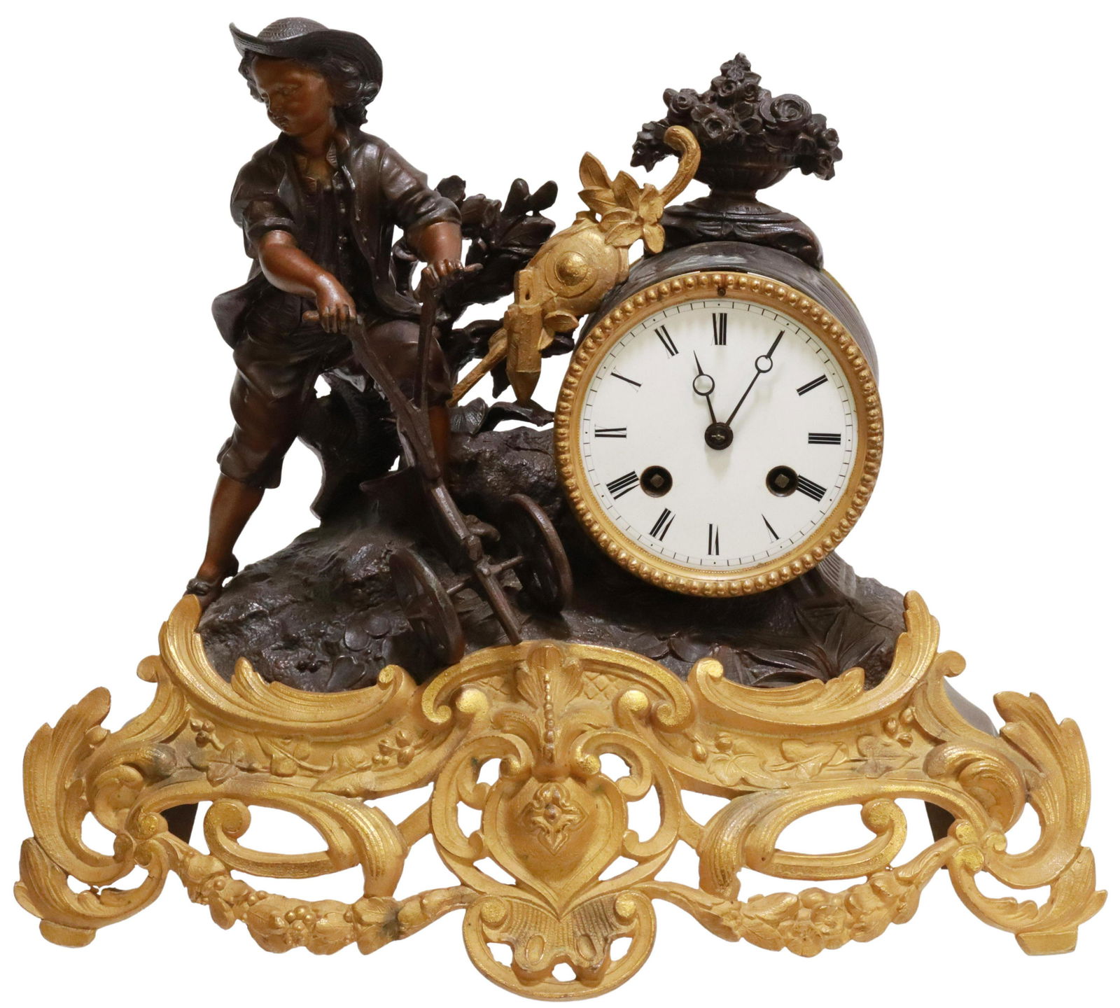 FRENCH FIGURAL METAL MANTEL SHELF CLOCK (1 of 6)