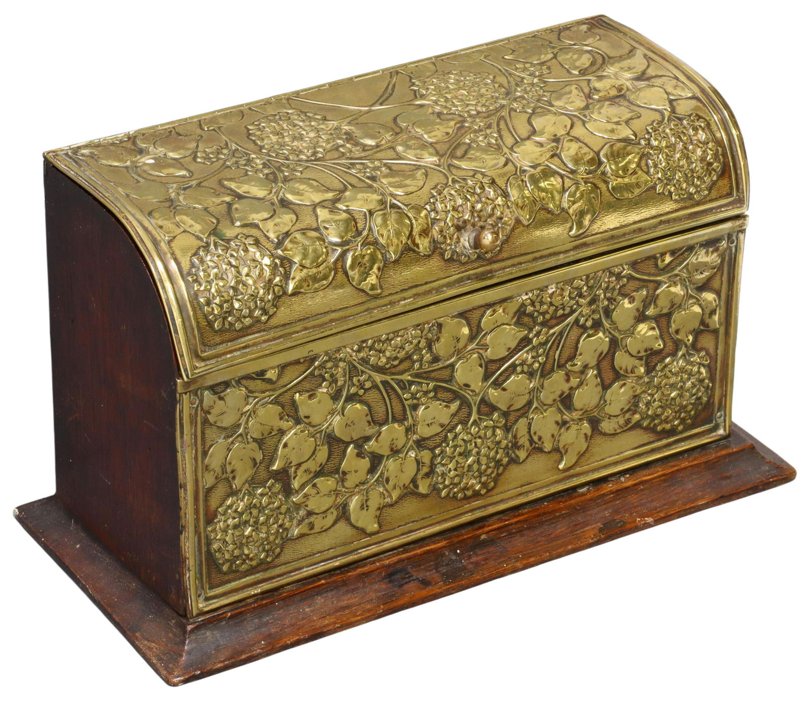 ENGLISH REPOUSSE BRASS & OAK STATIONERY BOX (1 of 5)