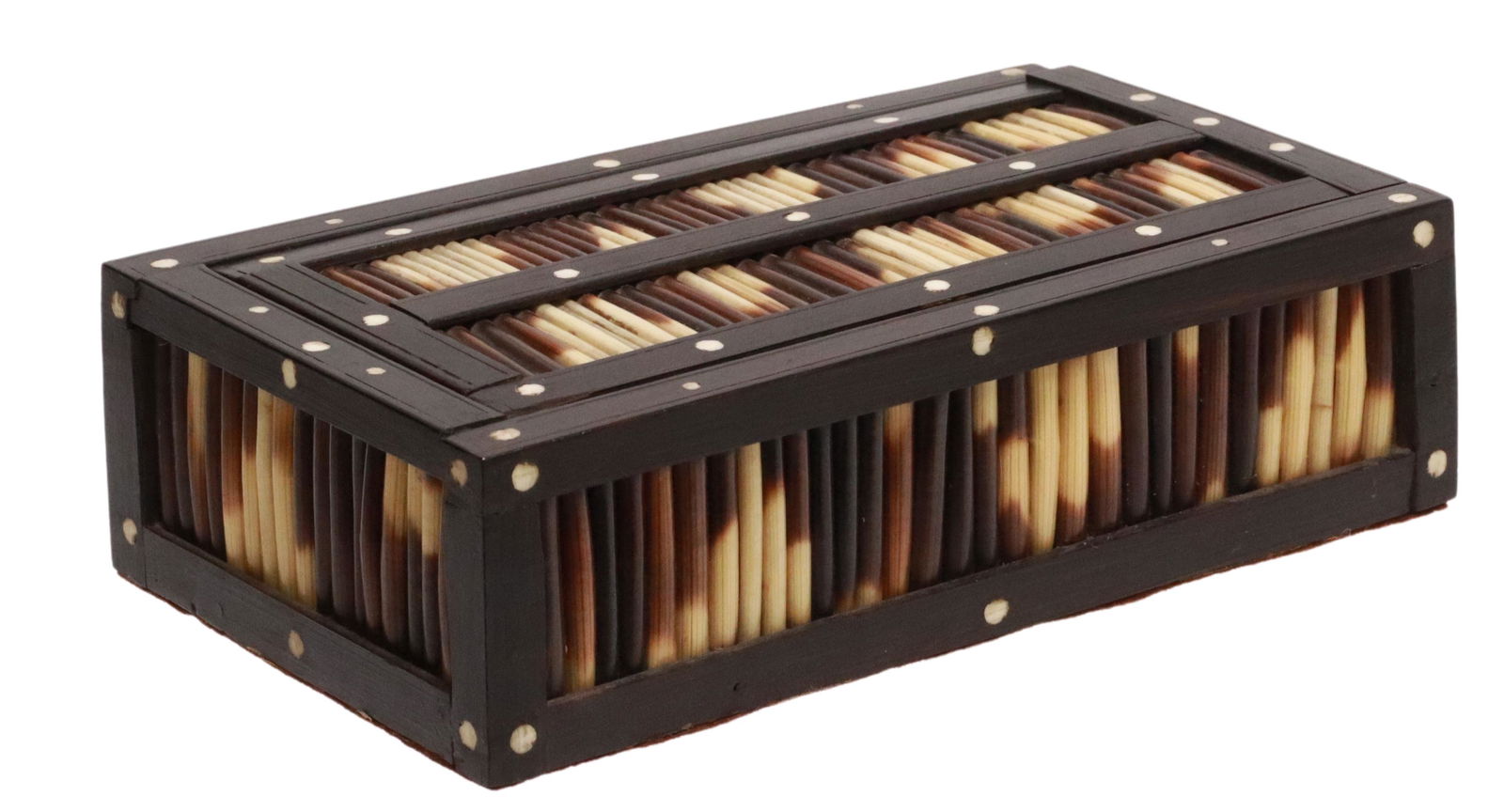 ANGLO-INDIAN PORCUPINE QUILL BOX: Anglo-Indian porcupine quill box, early 20th c., rectangular case with sliding lid, inlaid bone accents, approx 2"h, 6.5"w, 4"d, 0.5lbs Start Price: $60.00