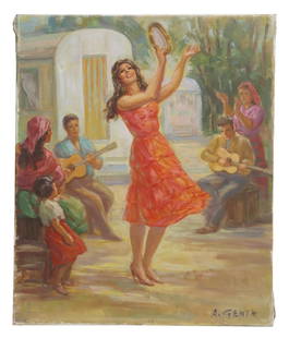 ALBERT GENTA (D.1989) PAINTING SPANISH DANCER: Unframed oil on stretched canvas painting, Spanish Dancer, signed lower right A. Genta (Albert Genta, French, 1901-1989), overall: approx 21.75"h, 18.25"w, 1.5lbs