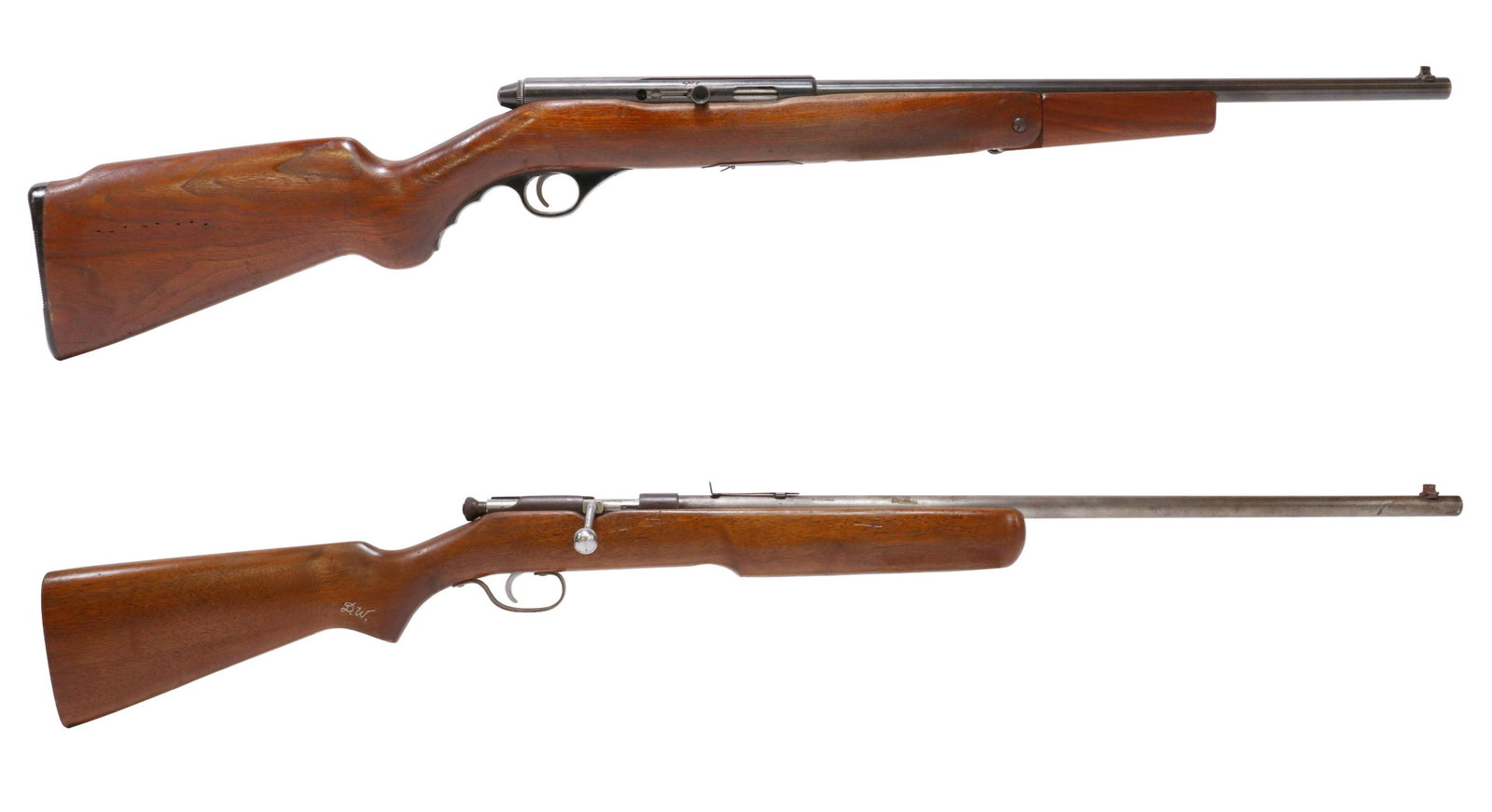 (2) MOSSBERG M152K & STEVENS M83 .22 CAL RIFLES: (lot of 2) Rifles: (1) Mossberg Model 152K rifle, auto load, .22LR caliber, 18" barrel, fixed front sight, drilled and tapped for scope not present, fold down forestock for hand grip, lacks detachable