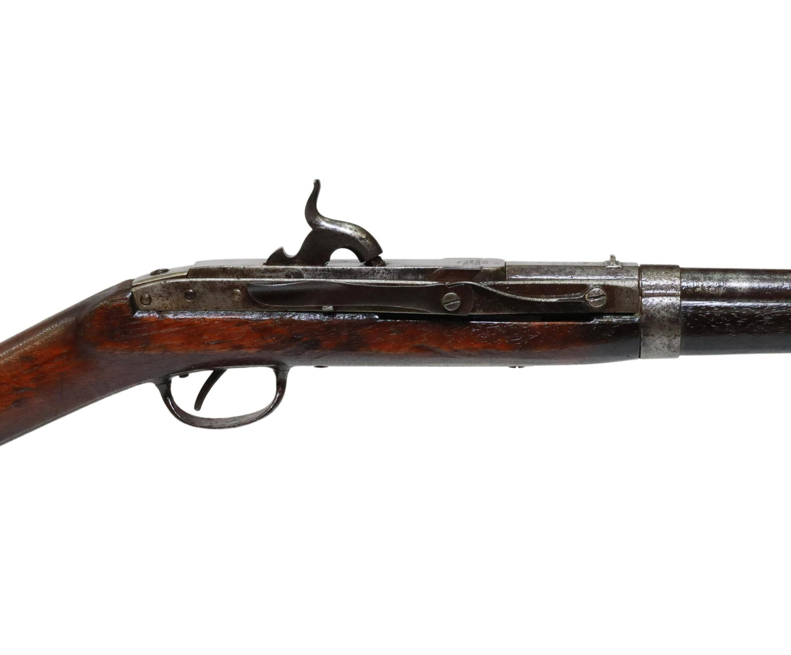 CIVIL WAR SIMEON NORTH BREECH LOAD CARBINE M1843: U.S. Model 1843 Hall-North Breech Loading Percussion Single Shot Carbine dated 1861, .52 caliber, 21" round barrel, cleaning rod, fixed front and rear sights, depressing the lever at the right receive