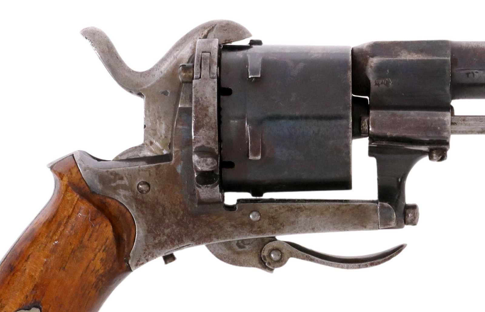 BELGIUM PINFIFRE 7MM CALIBER PISTOL: Belgium Pinfire double action revolver, mfg. c. 1860-1865, 7mm caliber, 3.5" round barrel, fixed front sight, six round cylinder with Liege mark above 'crown over G mark, folding trigger, stamped "GD"