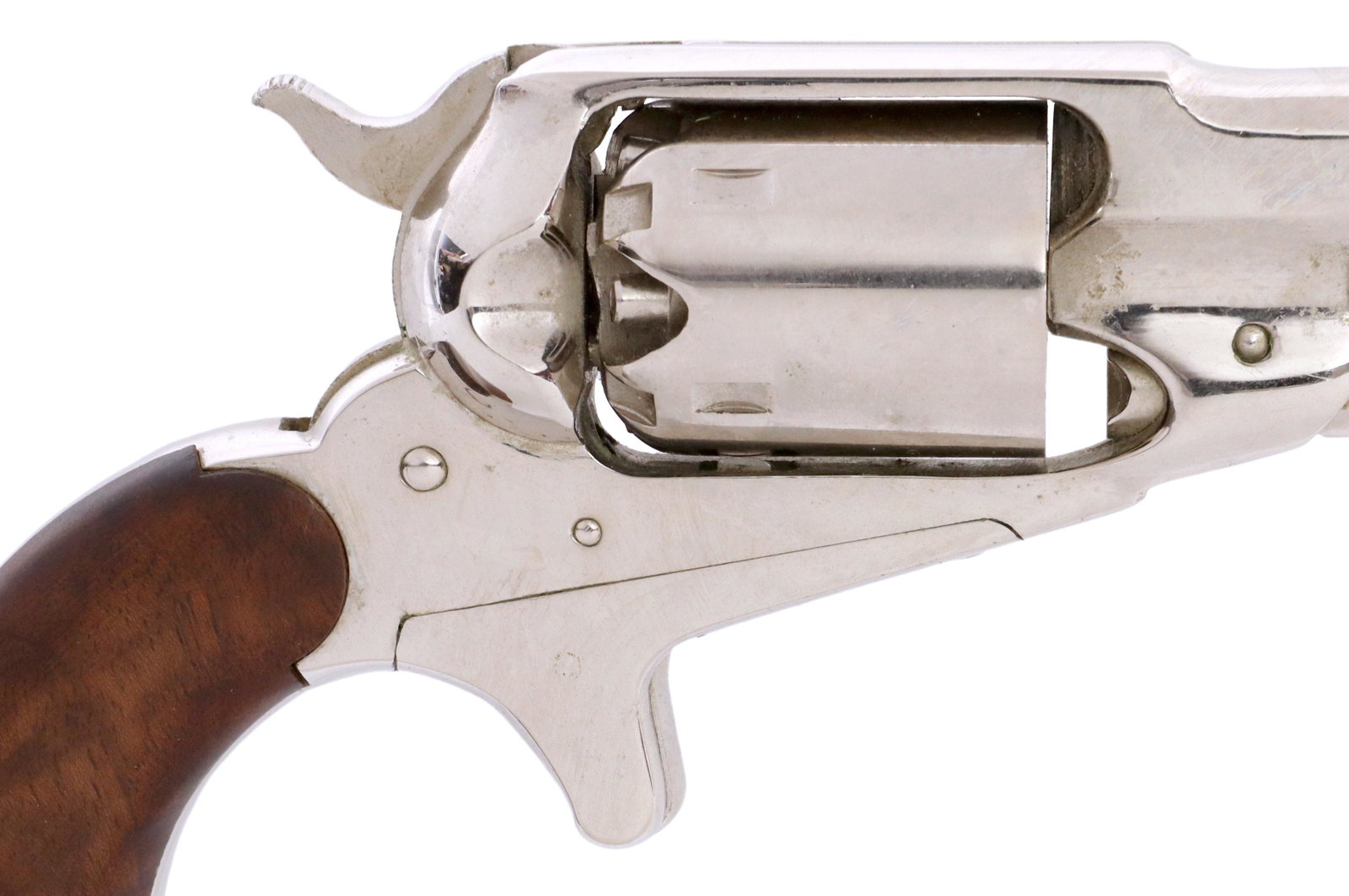 PIETTA REMINGTON POCKET REVOLVER, NICKEL FINISH: Pietta Blackpowder revolver, model of the 1863 Remington Pocket Revolver, .31 caliber, 3.5" octagonal barrel, 5 round cylinder, wood grips, nickel finish, bore is bright with strong rifling, finish is