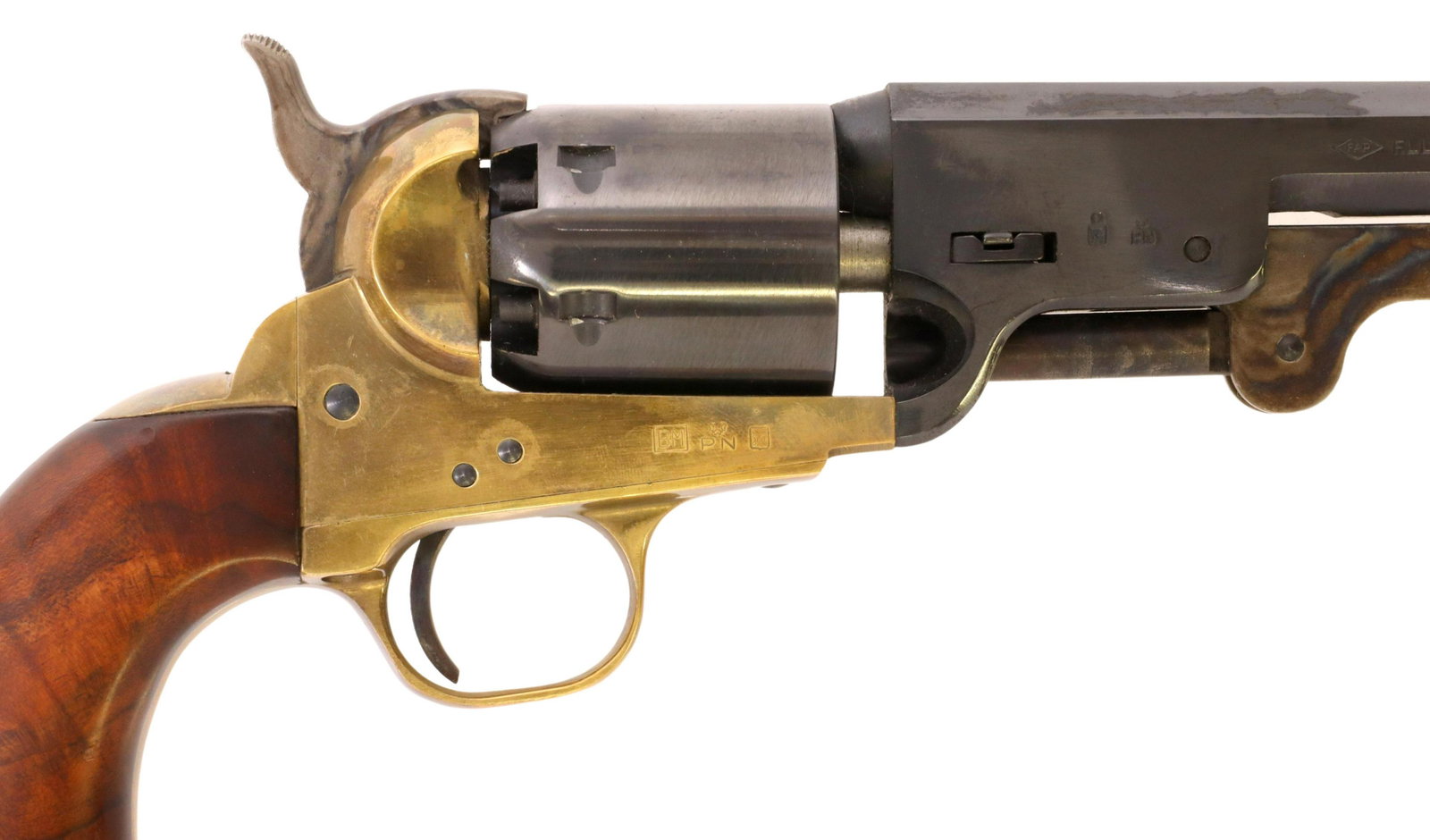 PIETTA 1851 NAVY COLT BLACKPOWDER REVOLVER, .36CAL: Pietta blackpowder revolver model of the Colt 1851 Navy, .36 caliber, 7.5" octagonal barrel, six round cylinder, brass frame, wood grips, finish is blued with light scratching, wood grips good, action