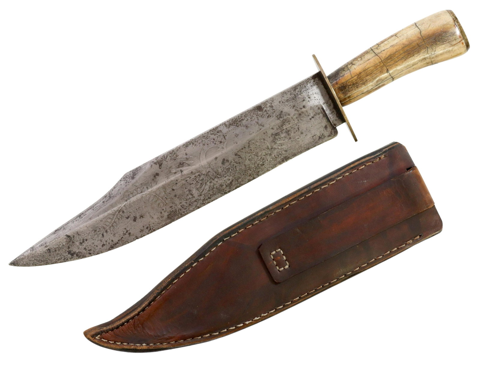 CIVIL WAR CSA BOWIE KNIFE TERRY'S TEXAS RANGERS: Bowie knife believed to be Civil War era with later inscribed decoration by a member of Terry's Texas Rangers, later Texas 8th Cavalry, later 6th Cavalry CSA, the blade 11.1/8" long with clip point, t