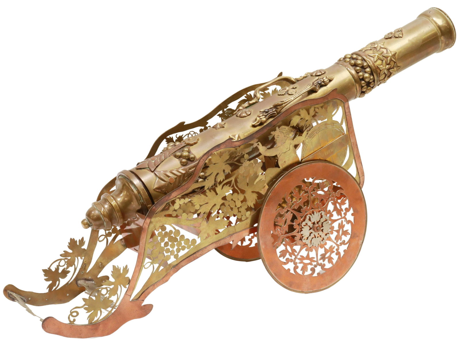 TRENCH ART BRASS & COPPER MINIATURE SIGNAL CANNON: Trench Art brass and copper signal style cannon, 20th c., fashioned in part from shells, heavy brass barrel engraved "WORLD," interlocking initials "VZ," with applied stars and decorative studs, seate