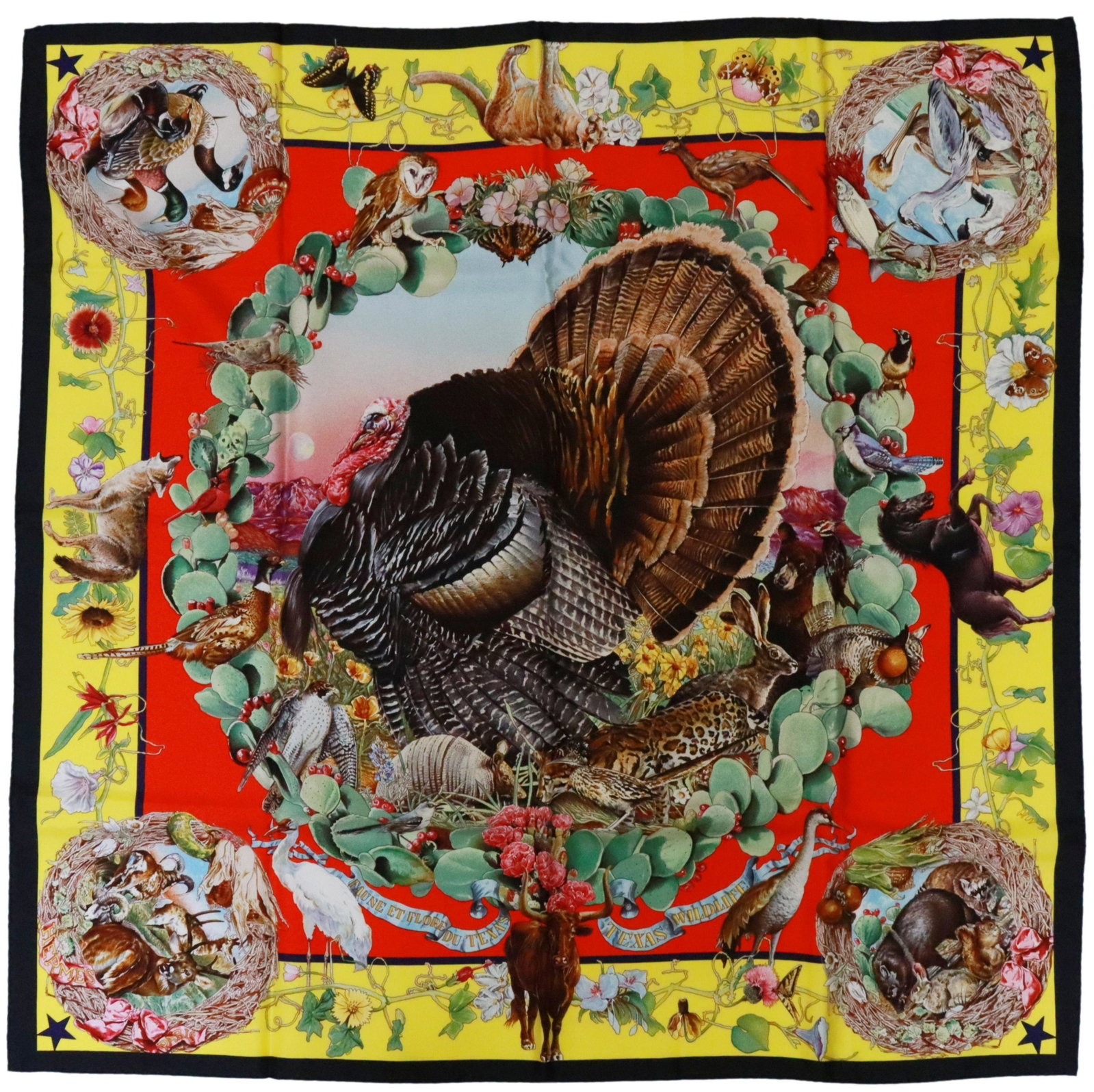 HERMES KERMIT OLIVER TEXAS WILDLIFE SILK SCARF: Hermes silk twill scarf, "Faune et Flore du Texas" pattern, original design by Kermit Oliver (Texas, b.1943), c.1986, retaining tag reading made in France, Neiman Marcus, housed in Hermes branded box,