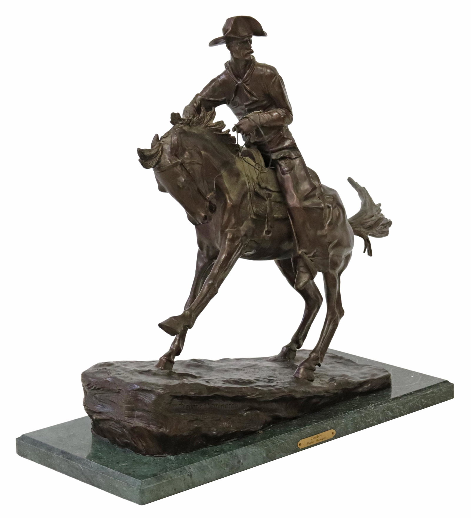 AFTER REMINGTON 'COWBOY' WESTERN BRONZE, 22.5"H: Western patinated bronze sculpture, "Cowboy," after the original by Frederic Sackrider Remington (American, 1861-1909), stamped 1908, rising on green marble base, sculpture only: approx 22.5"h, 26"w, 