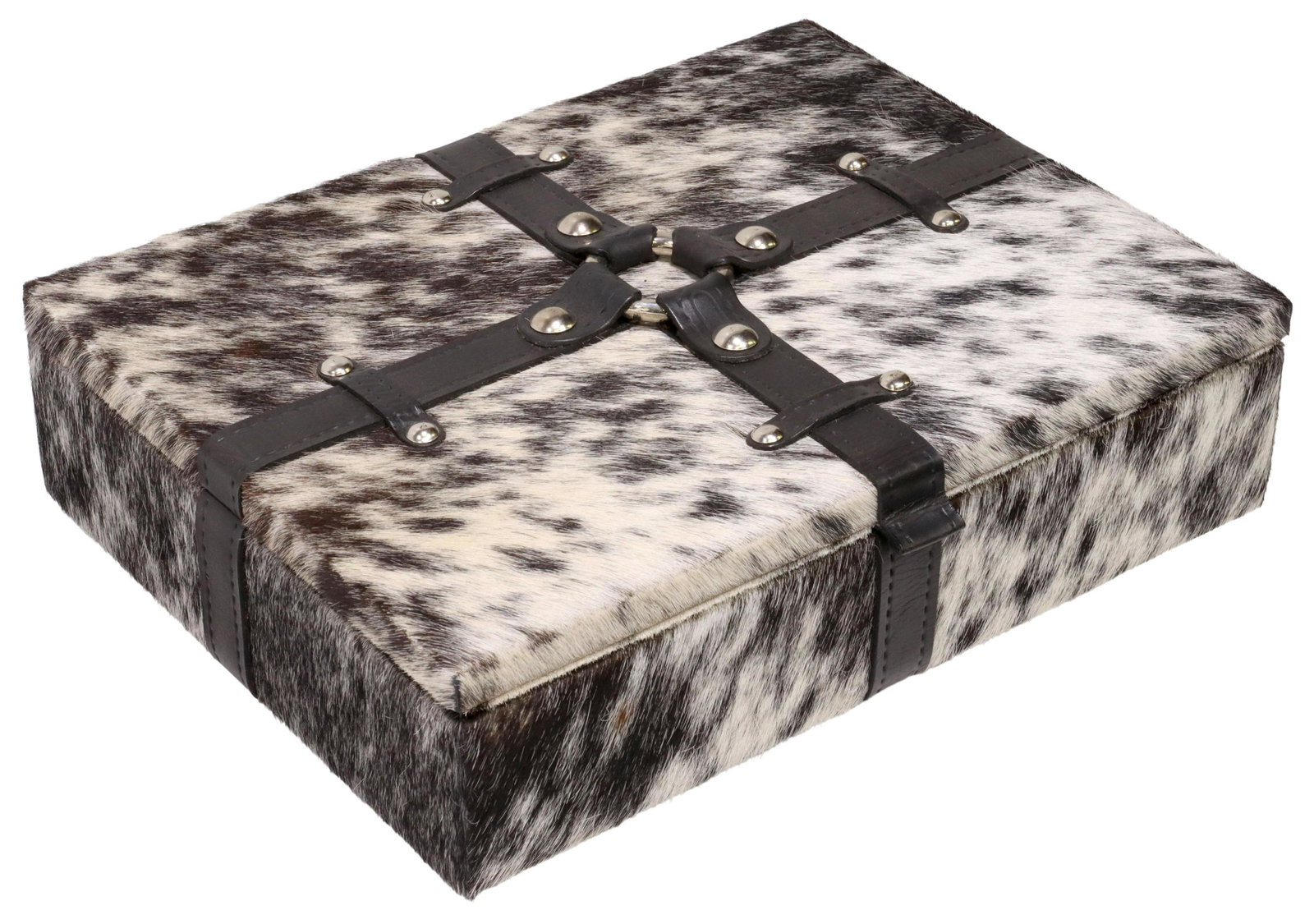 CUSTOM SALT & PEPPER COWHIDE WOOD TABLE BOX: Custom salt and pepper cowhide table box, accented with leather equestrian style straps, silver-tone hardware, opening to velvet-lined interior, approx 3.5"h, 13"w, 10"d, 4lbs Start Price: $150.00