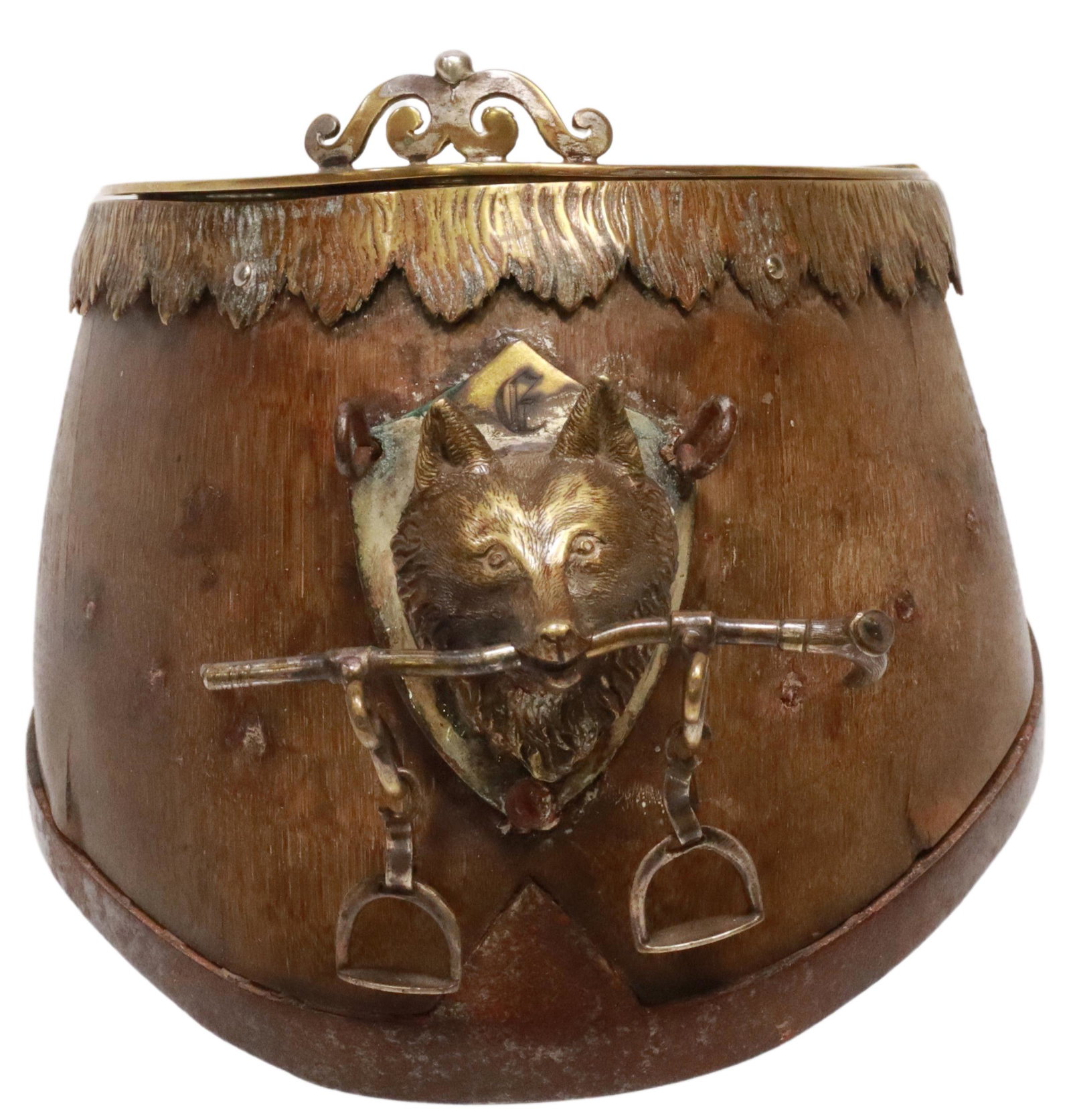 FIGURAL METAL MOUNTED HORSE HOOF WITH FOX: Metal mounted horse hoof, probably English, metal fox with cane and stirrups to the front, hinged lid opening to two cylindrical cutouts, metal shoe at base, some finish loss, bending and wear, approx