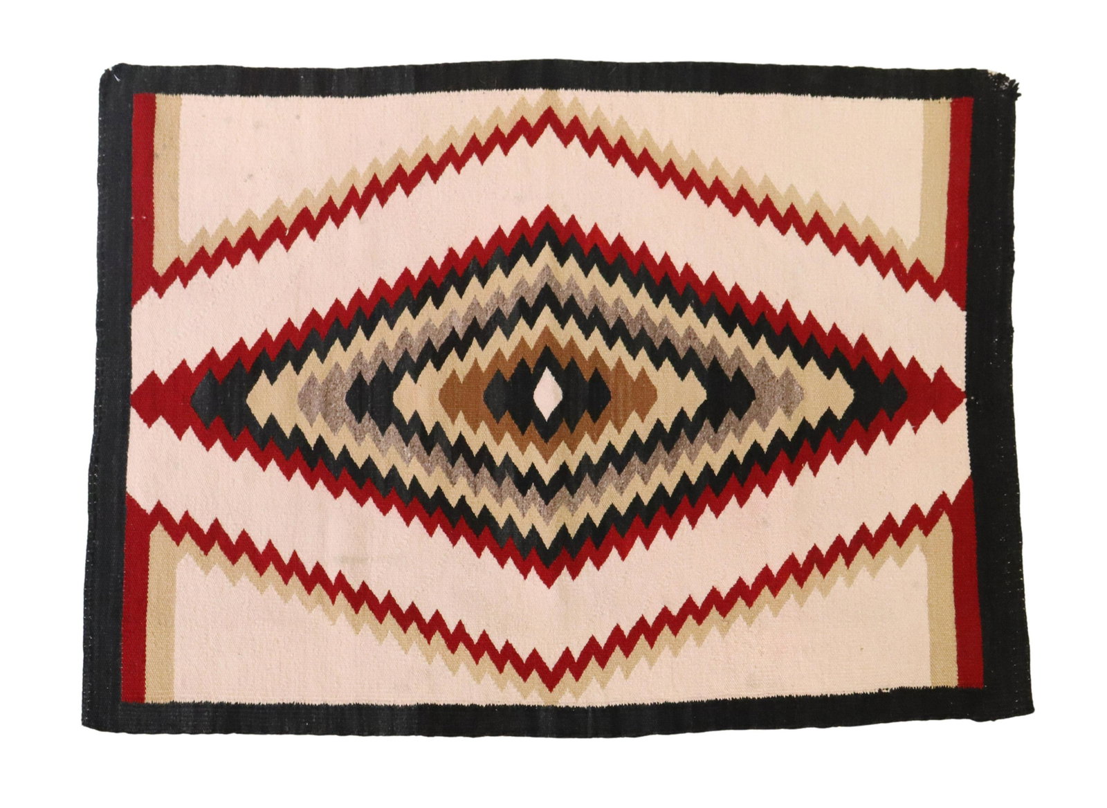 HAND-WOVEN NAVAJO SADDLE BLANKET, 45.5" X 34": Hand-woven saddle blanket, Navajo/ Dine, in a chevron diamond pattern, with black border, approx 45.5"l, 34"w Start Price: $100.00