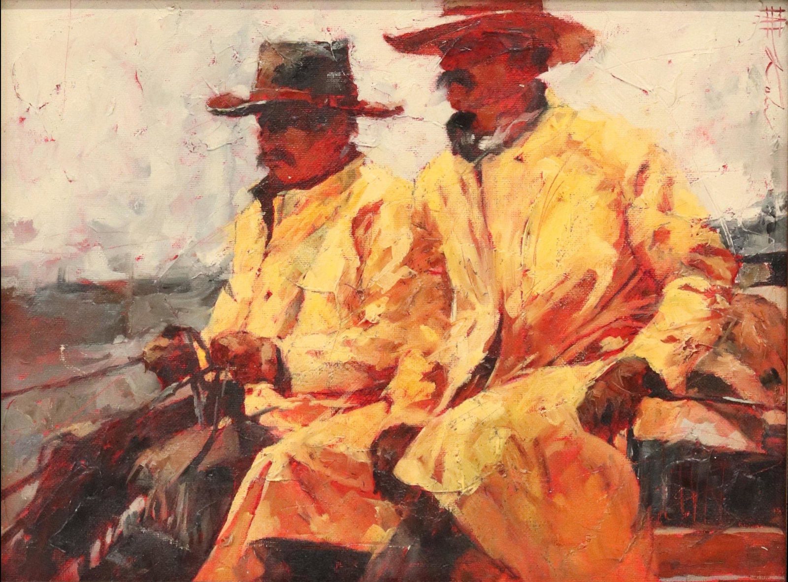 ANDRE KOHN (B.1972) 'KEEPING AN EYE' OIL ON BOARD: Framed oil painting on canvas board, "Keeping an Eye," signed upper right ? Kohn (Andre Kohn, Arizona, b. 1972), title plaque at frame, sight: approx 11.5"h, 15.5"w, overall: approx 19"h, 23"w, 7.5lbs