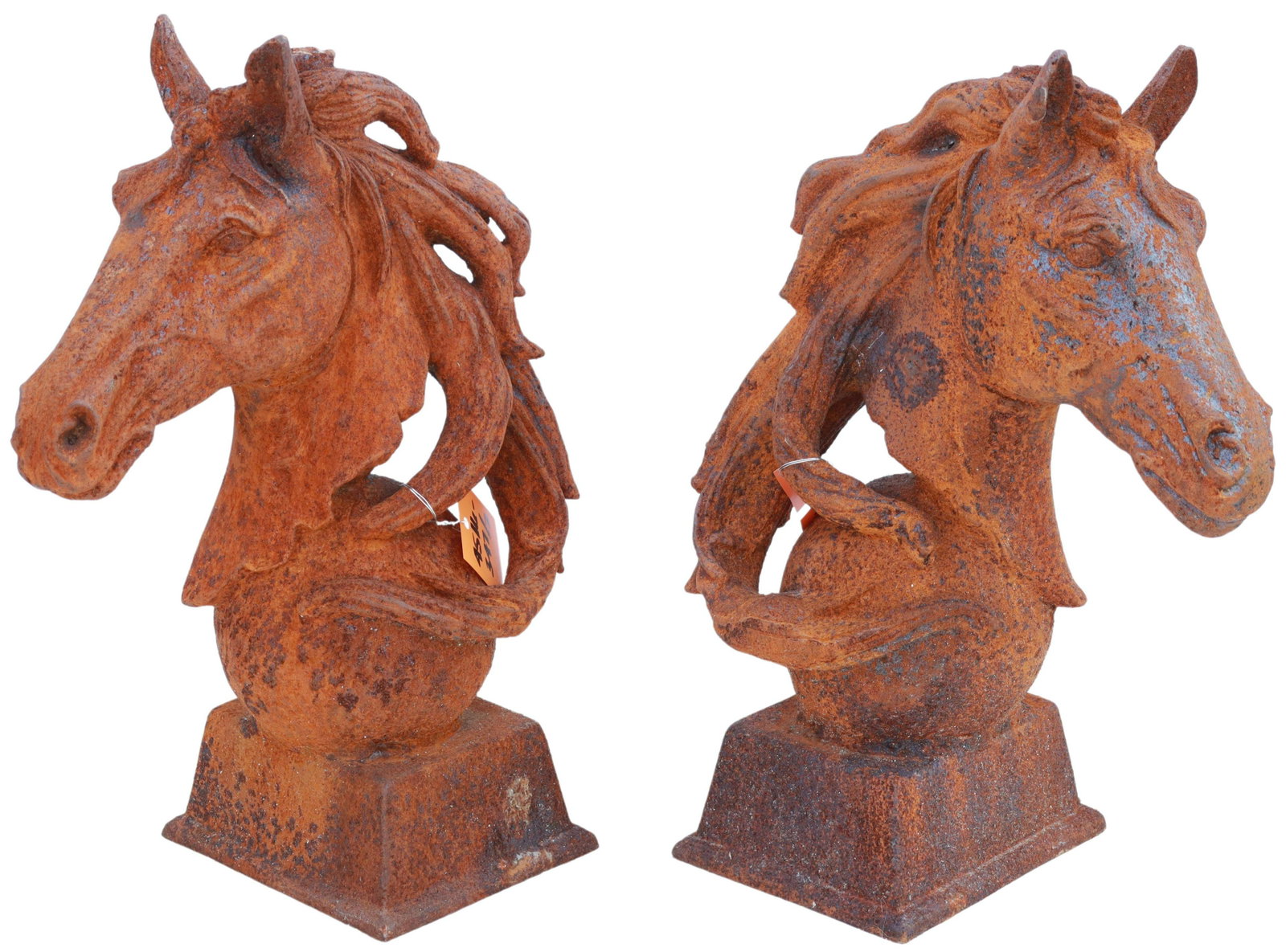 (2) CAST IRON HORSE HEAD GATE POST FINIALS: (pair) Cast iron architectural elements, likely gate post finials, late 20th c., in the form of a horse heard on sphere, rising on plinth base, oxidized finish, approx 18"h, 7"w, 12"d; 58lbs total Sta