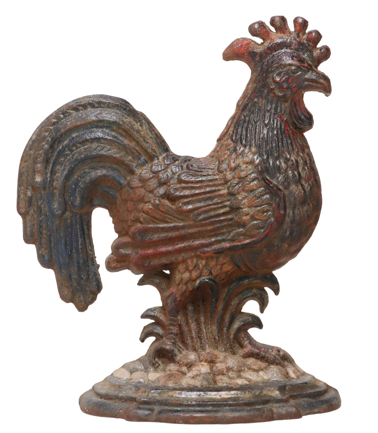 PAINTED CAST IRON COCKEREL DOORSTOP: Cast iron cockerel/ rooster doorstop, late 19th c., with remnants of polychrome paint, marked PR within a diamond, approx 13.25"h, 11"w, 3.75"d, 8lbs Start Price: $150.00