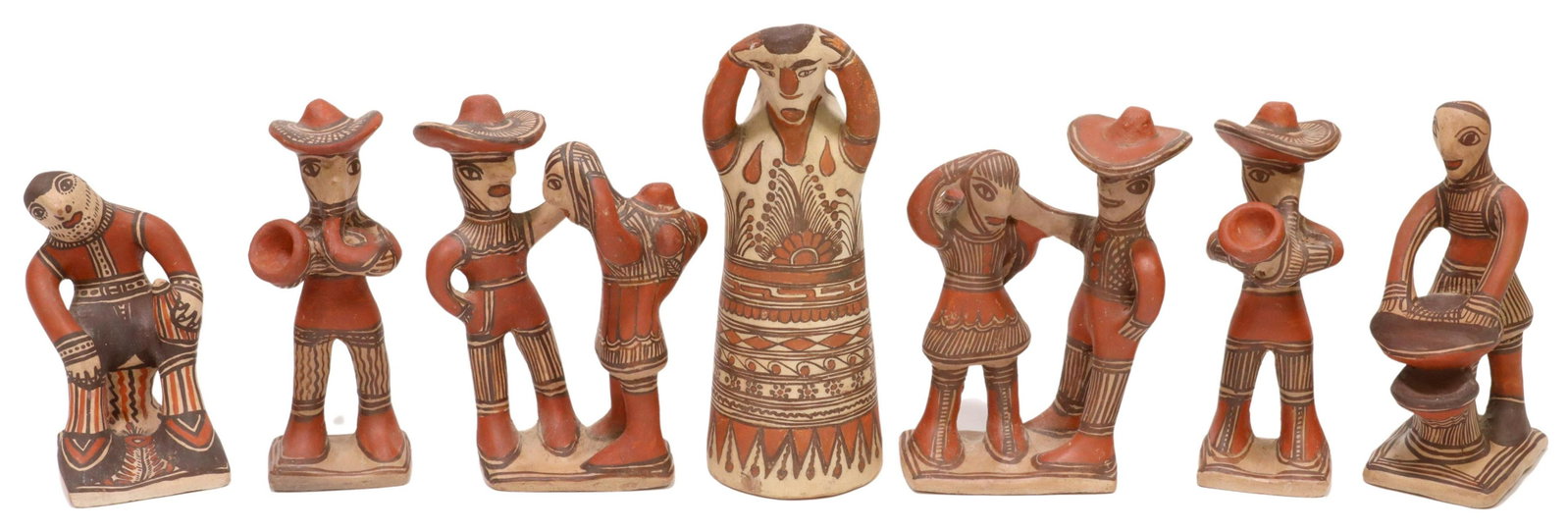(7) GUERRERO, MEXICO FOLK ART RED POTTERY FIGURES: (lot of 7) Folk art pottery figures, Guerrero, Mexico, all in red and black designs on cream ground, featuring male and female figures, musicians, largest: approx 8.75"h, 3.5"diam, 7.75lbs total **Pro