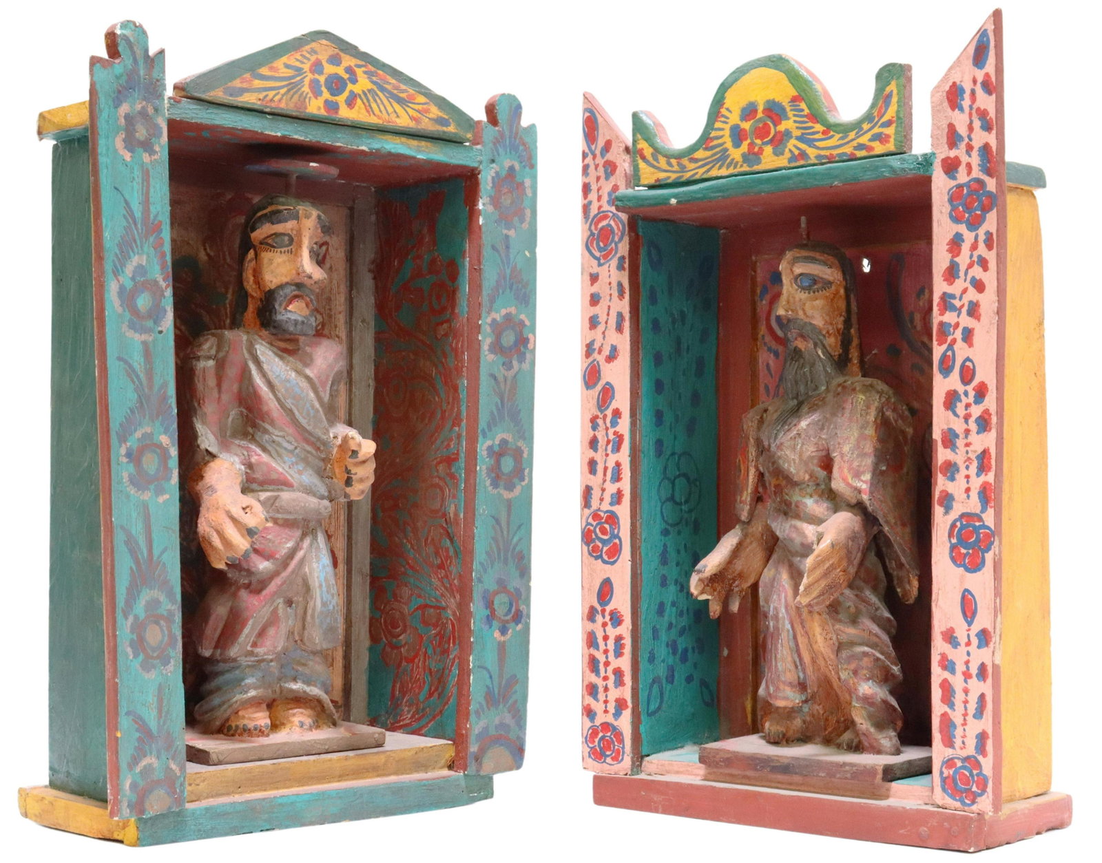 2) RELIGIOUS FOLK ART PAINTED SANTOS & WALL NICHES: (lot of 2) Folk art carved and painted wood santo/ altar figures, each housed in wall-mounted nicho, with shaped cornices, over floral painted facades, largest: approx 19.25"h, 13"w, 5.75"d, 8.5lbs to