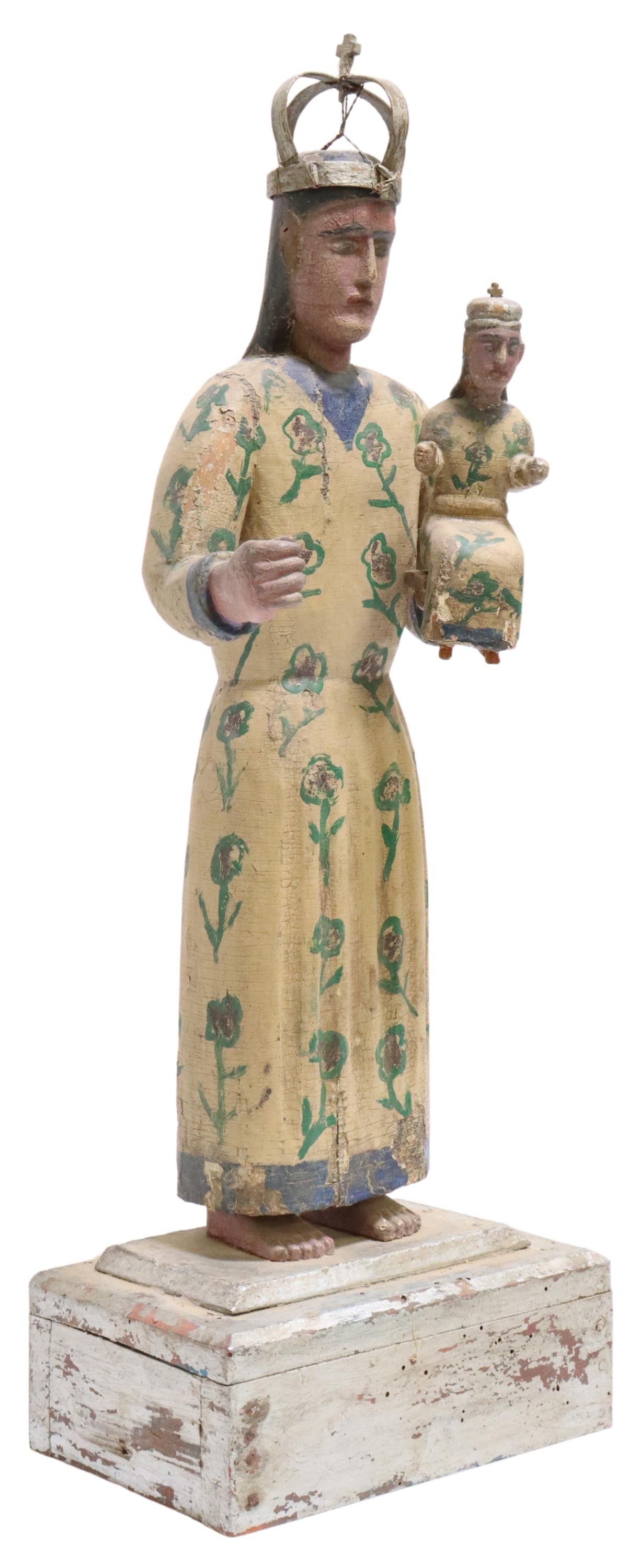 CARVED SANTO ALTAR FIGURE SAN ANTONIO DE PADUA: Carved santo/ altar figure, San Antonio de Padua (Saint Anthony of Padua), polychrome painted gesso over carved wood, rising on plinth base, approx 24"h, 8 7/8"w, 5.5"d, 4.5lbs **Provenance: From the 